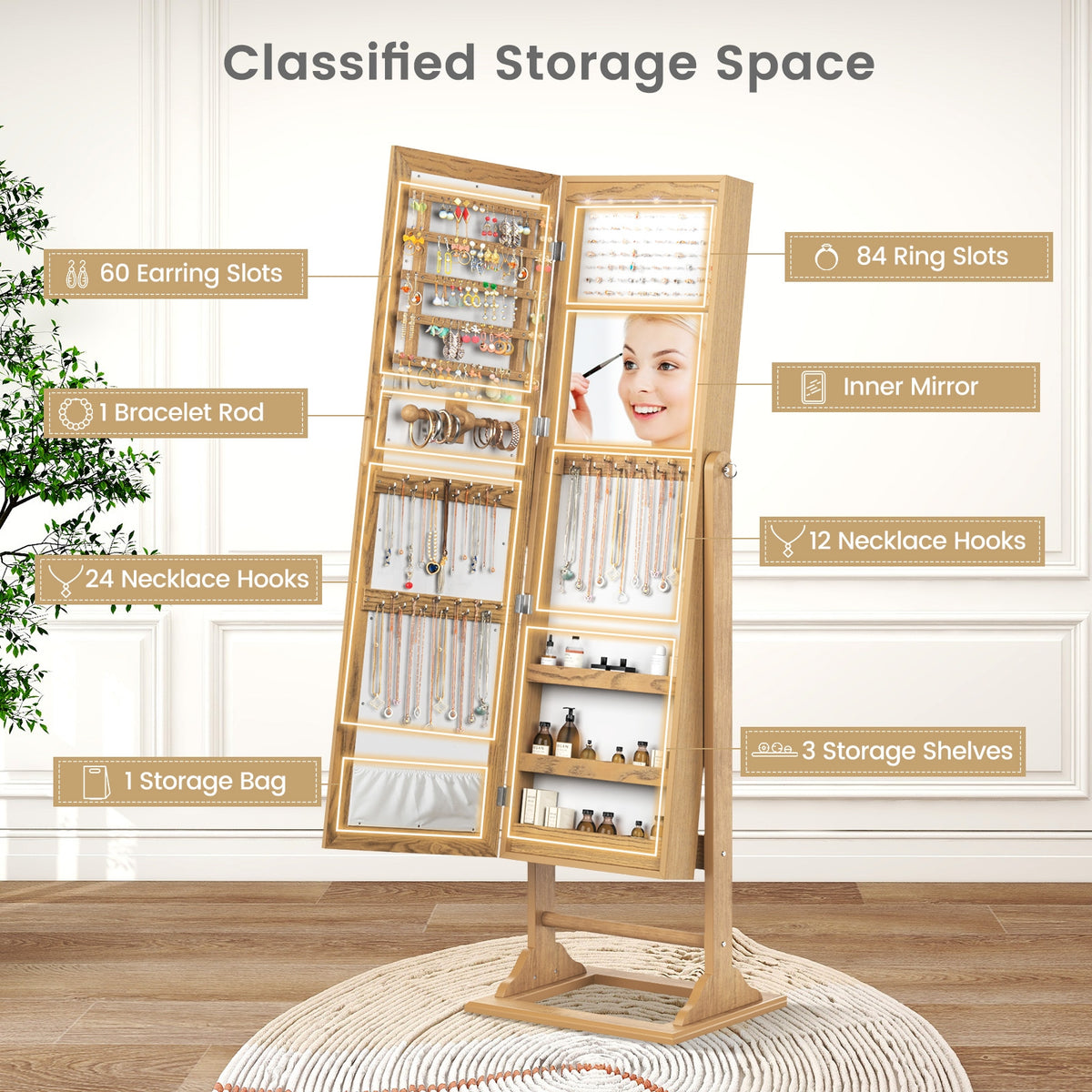 Freestanding Lockable Jewelry Armoire with Full-Length Mirror and 6 LED Lights-Natural-Jewelry Armoires-DECOROLALA