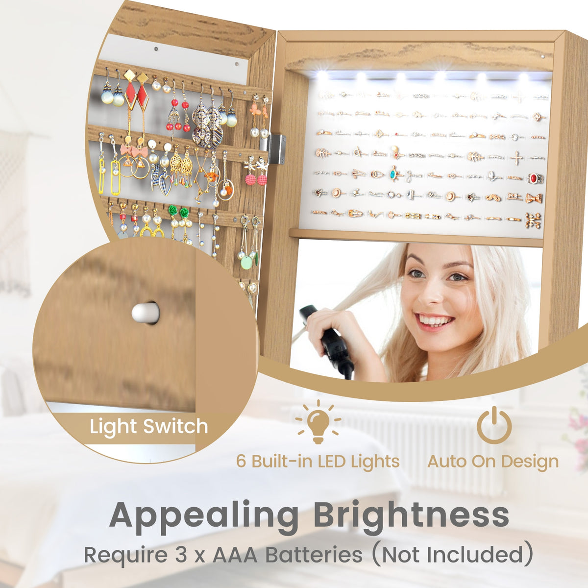 Freestanding Lockable Jewelry Armoire with Full-Length Mirror and 6 LED Lights-Natural-Jewelry Armoires-DECOROLALA