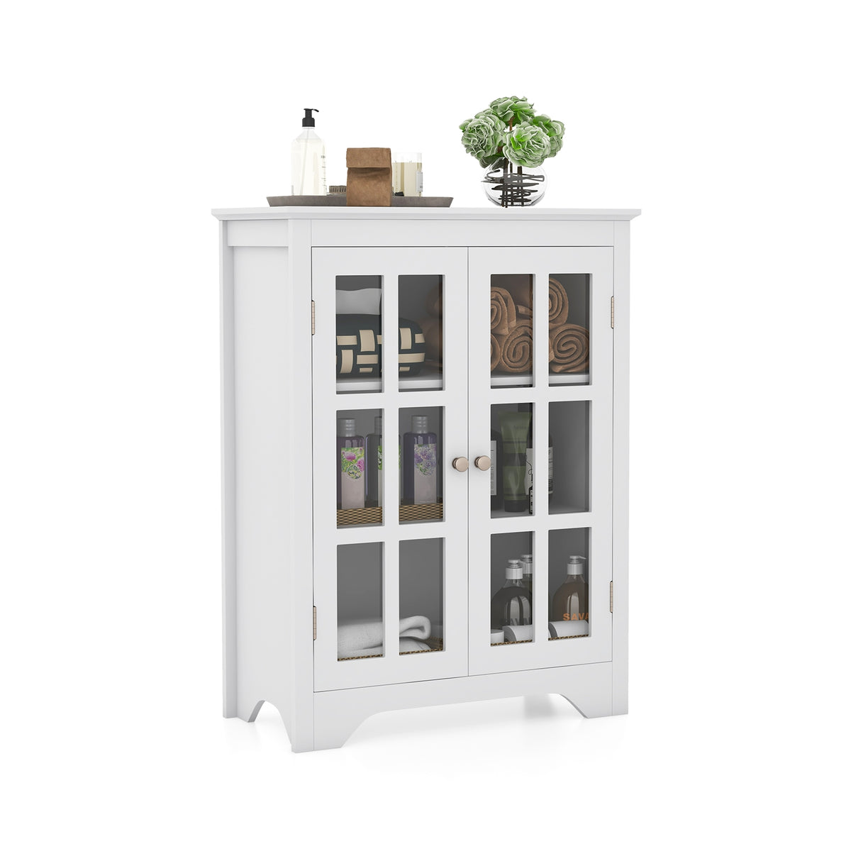 Freestanding Storage Cabinet - White 2 Glass Doors 24" x 31.5"-Bathroom Floor Cabinets-DECOROLALA