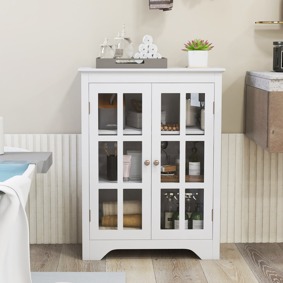 Freestanding Storage Cabinet - White 2 Glass Doors 24" x 31.5"-Floor Cabinets-DECOROLALA