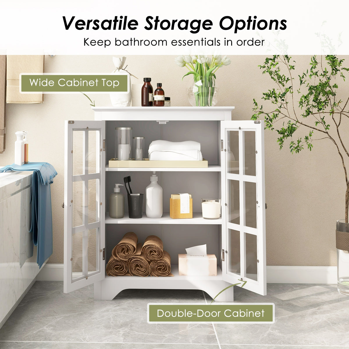 Freestanding Storage Cabinet - White 2 Glass Doors 24" x 31.5"-Floor Cabinets-DECOROLALA