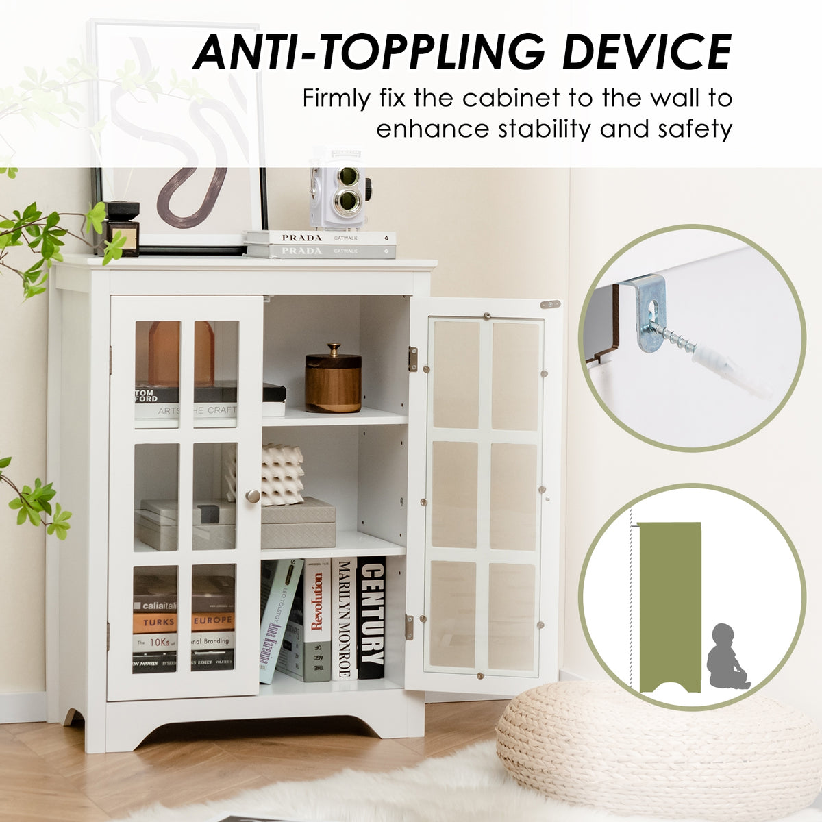 Freestanding Storage Cabinet - White 2 Glass Doors 24" x 31.5"-Floor Cabinets-DECOROLALA