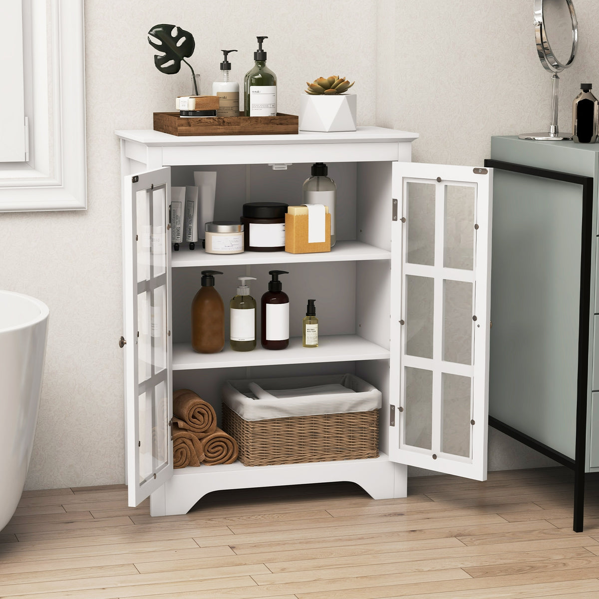 Freestanding Storage Cabinet - White 2 Glass Doors 24" x 31.5"-Floor Cabinets-DECOROLALA