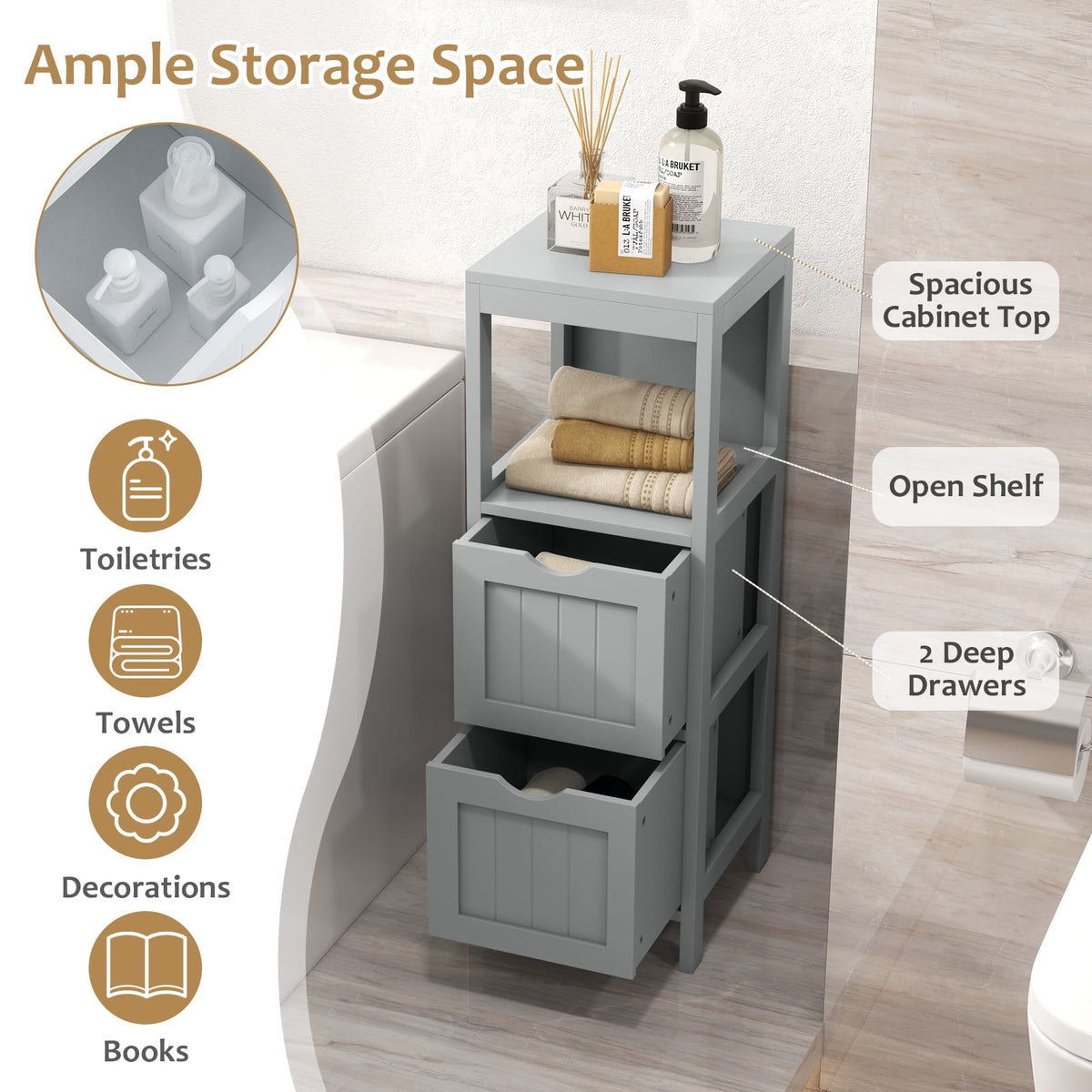 Freestanding Bathroom Storage Cabinet - 2 Drawers 4-Tier White MDF-Floor Cabinets-DECOROLALA