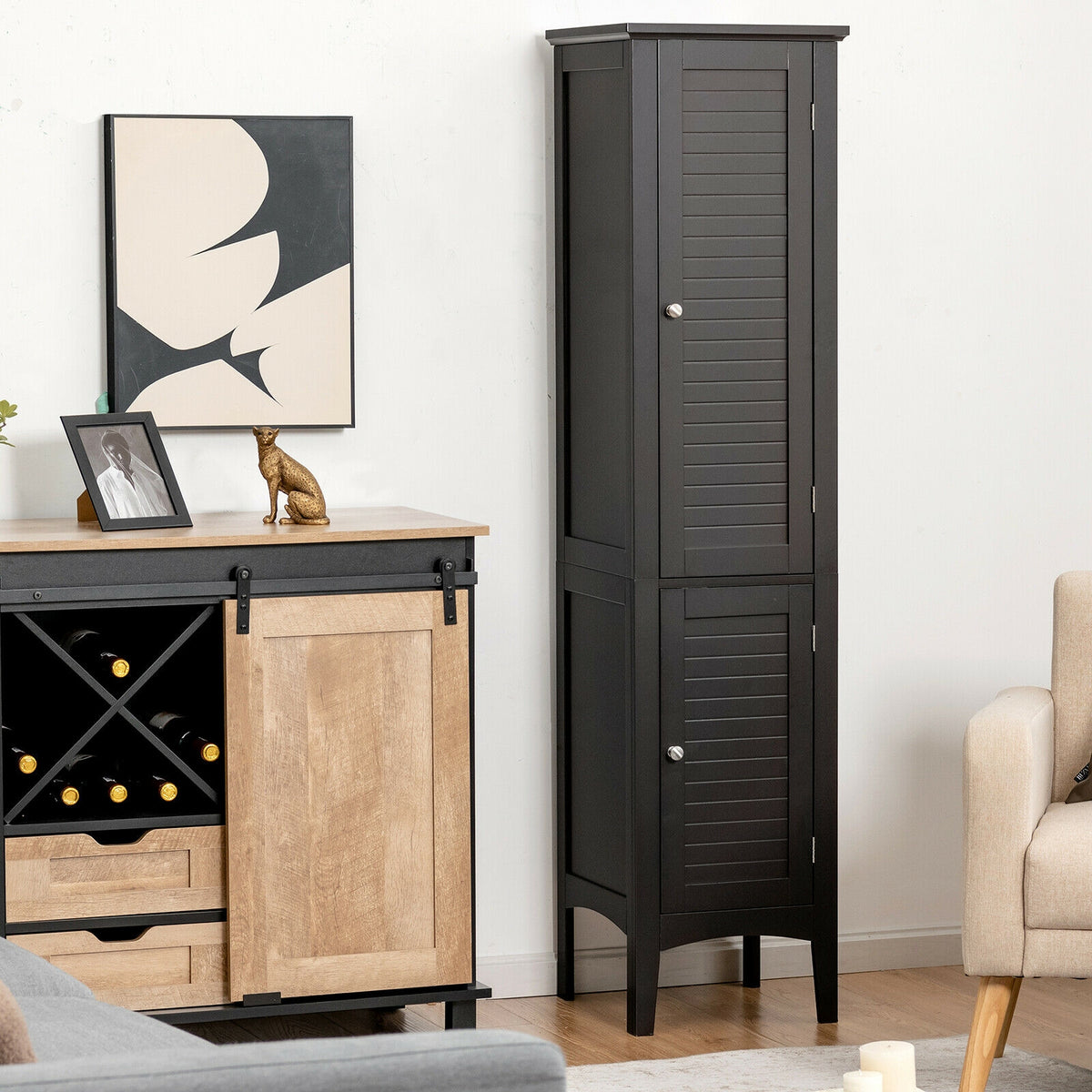 Freestanding Tall Bathroom Storage Cabinet - Black 63" MDF-Bathroom Floor Cabinets-DECOROLALA