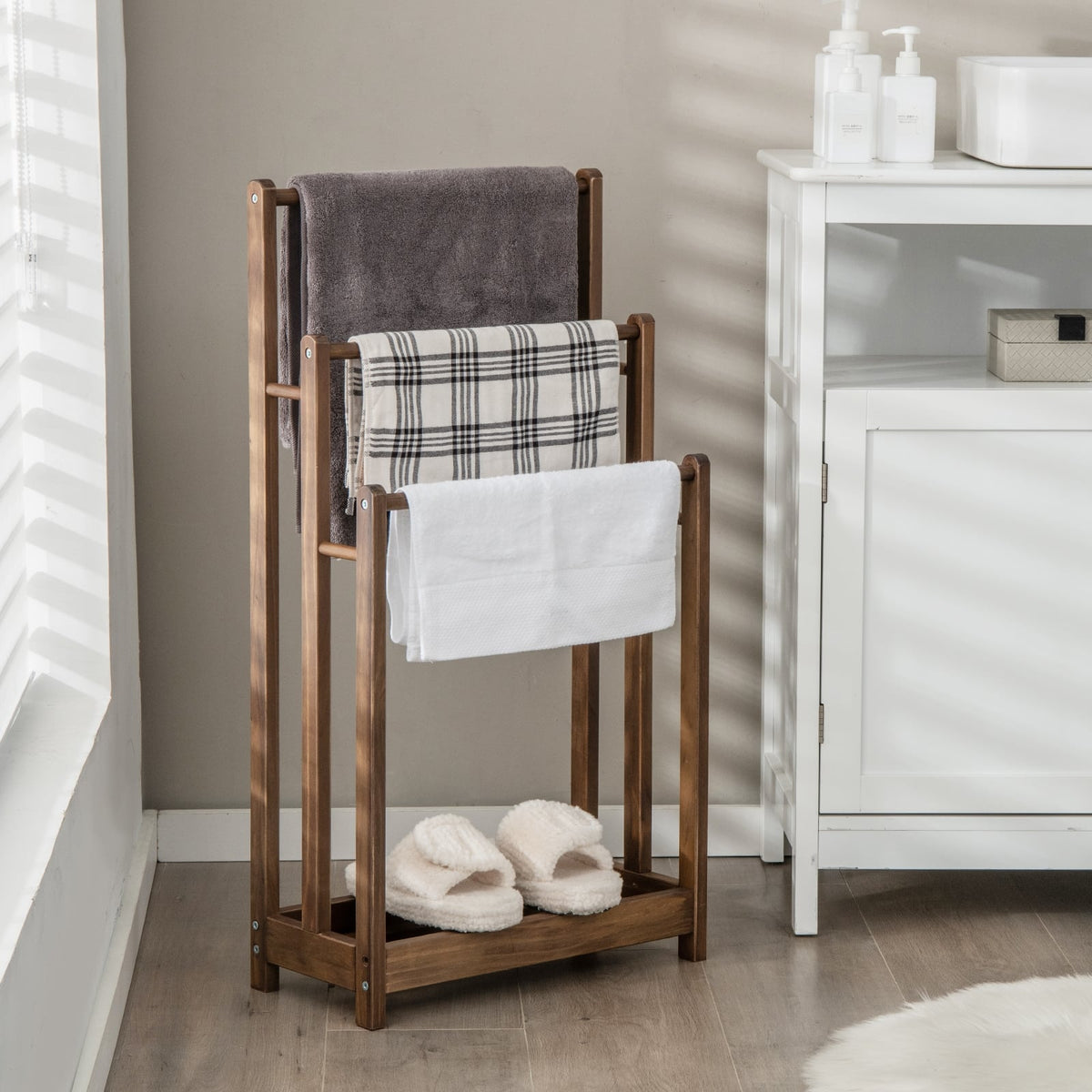 Freestanding Towel Rack 3-Bar Hand Towel Drying Stand with Bottom Storage Shelf-Rustic Brown-Towel Racks-DECOROLALA
