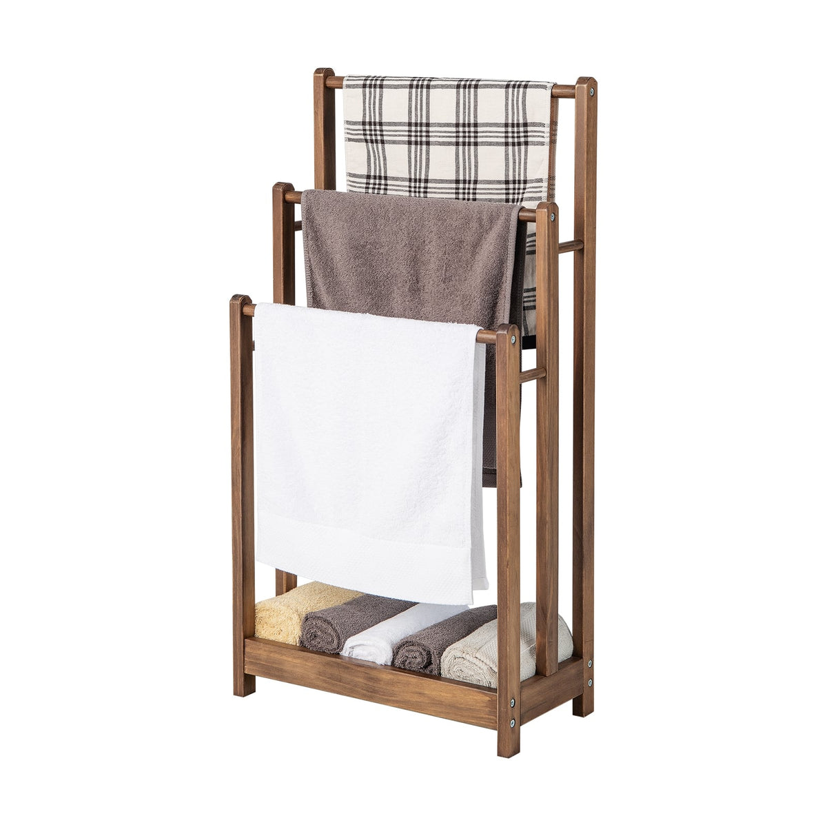 Freestanding Towel Rack 3-Bar Hand Towel Drying Stand with Bottom Storage Shelf-Rustic Brown-Towel Racks-DECOROLALA