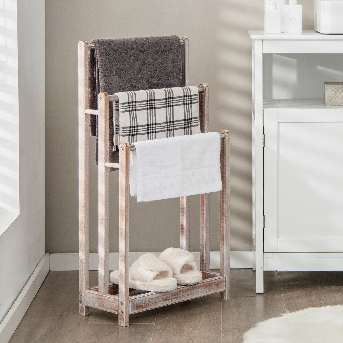 Freestanding Towel Rack 3-Bar Hand Towel Drying Stand with Bottom Storage Shelf-White-Towel Racks-DECOROLALA