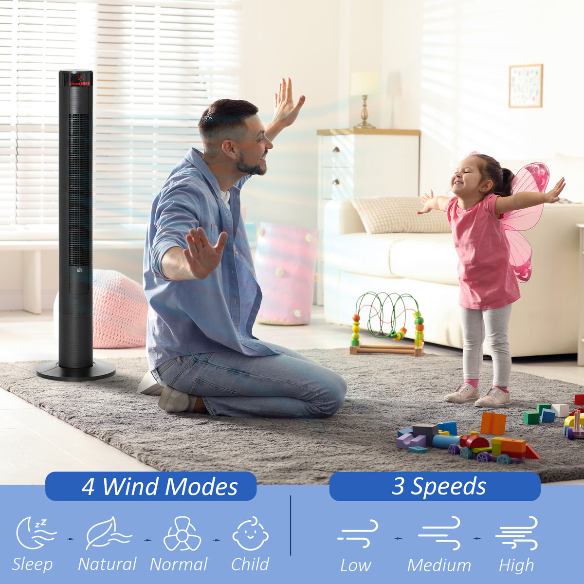 Freestanding Tower Fan Cooling for Home Bedroom with 3 Speed, 12h Timer, Oscillating, LED Panel, Remote Controller, Black-Fans-DECOROLALA