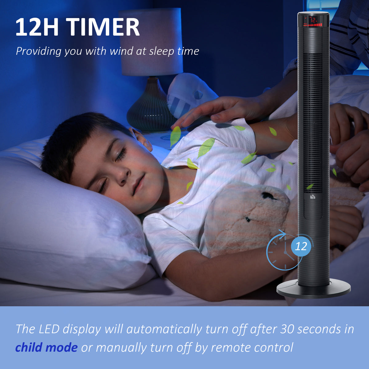 Freestanding Tower Fan Cooling for Home Bedroom with 3 Speed, 12h Timer, Oscillating, LED Panel, Remote Controller, Black-Fans-DECOROLALA
