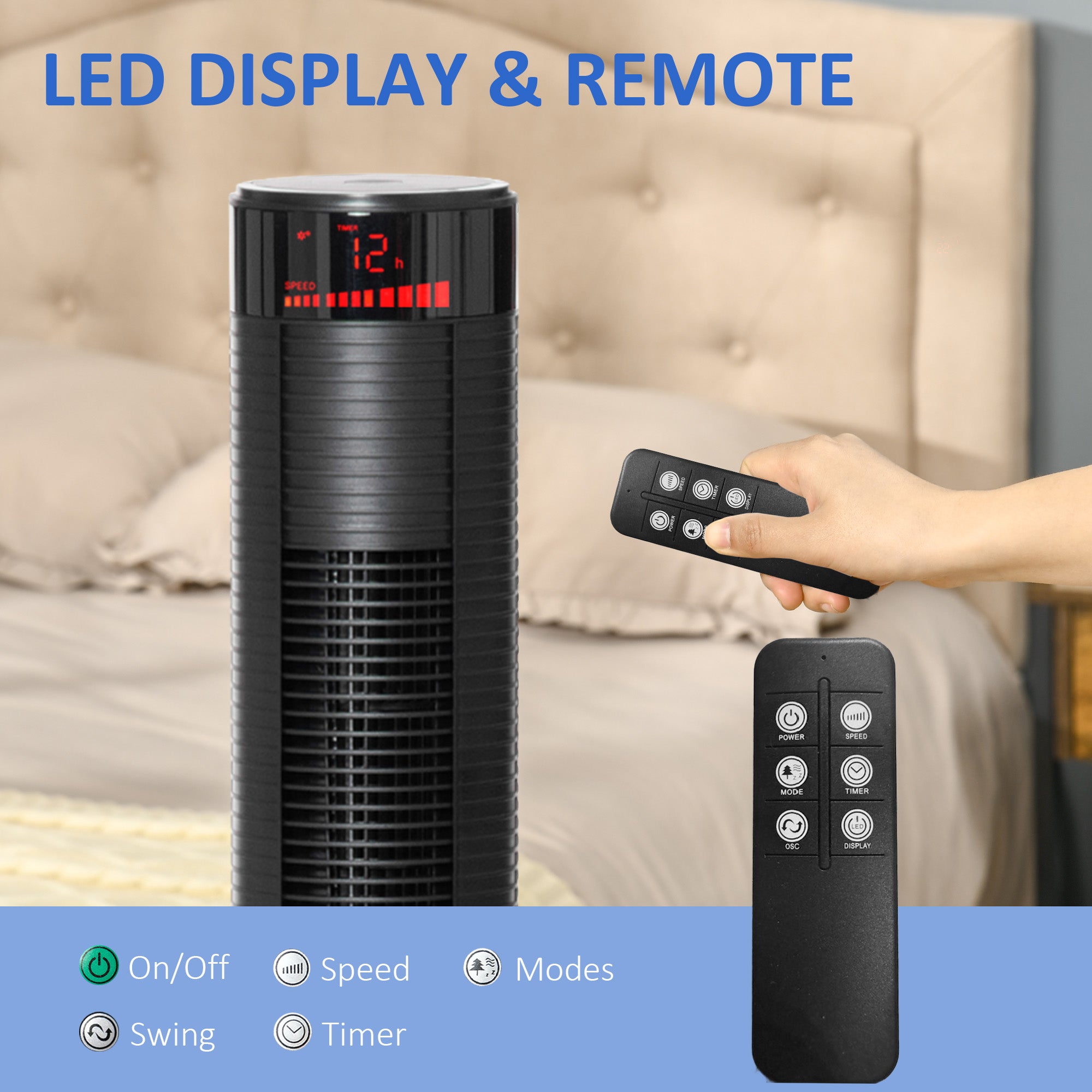 Freestanding Tower Fan Cooling for Home Bedroom with 3 Speed, 12h Timer, Oscillating, LED Panel, Remote Controller, Black-Fans-DECOROLALA