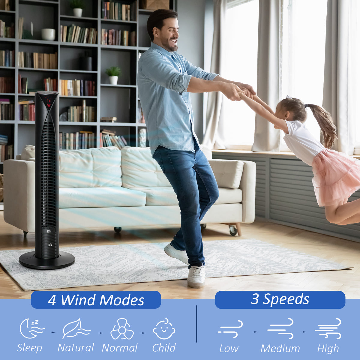 Freestanding Tower Fan Cooling for Home Bedroom with 3 Speed, 12h Timer, Oscillating, LED Sensor Panel, Remote Controller, Black-Fans-DECOROLALA