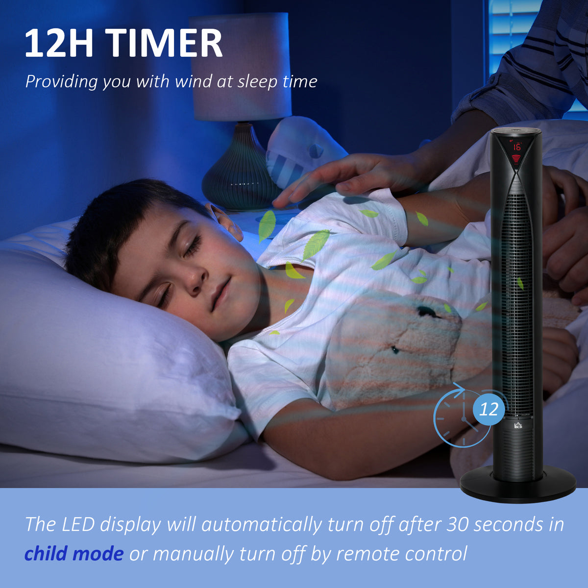 Freestanding Tower Fan Cooling for Home Bedroom with 3 Speed, 12h Timer, Oscillating, LED Sensor Panel, Remote Controller, Black-Fans-DECOROLALA