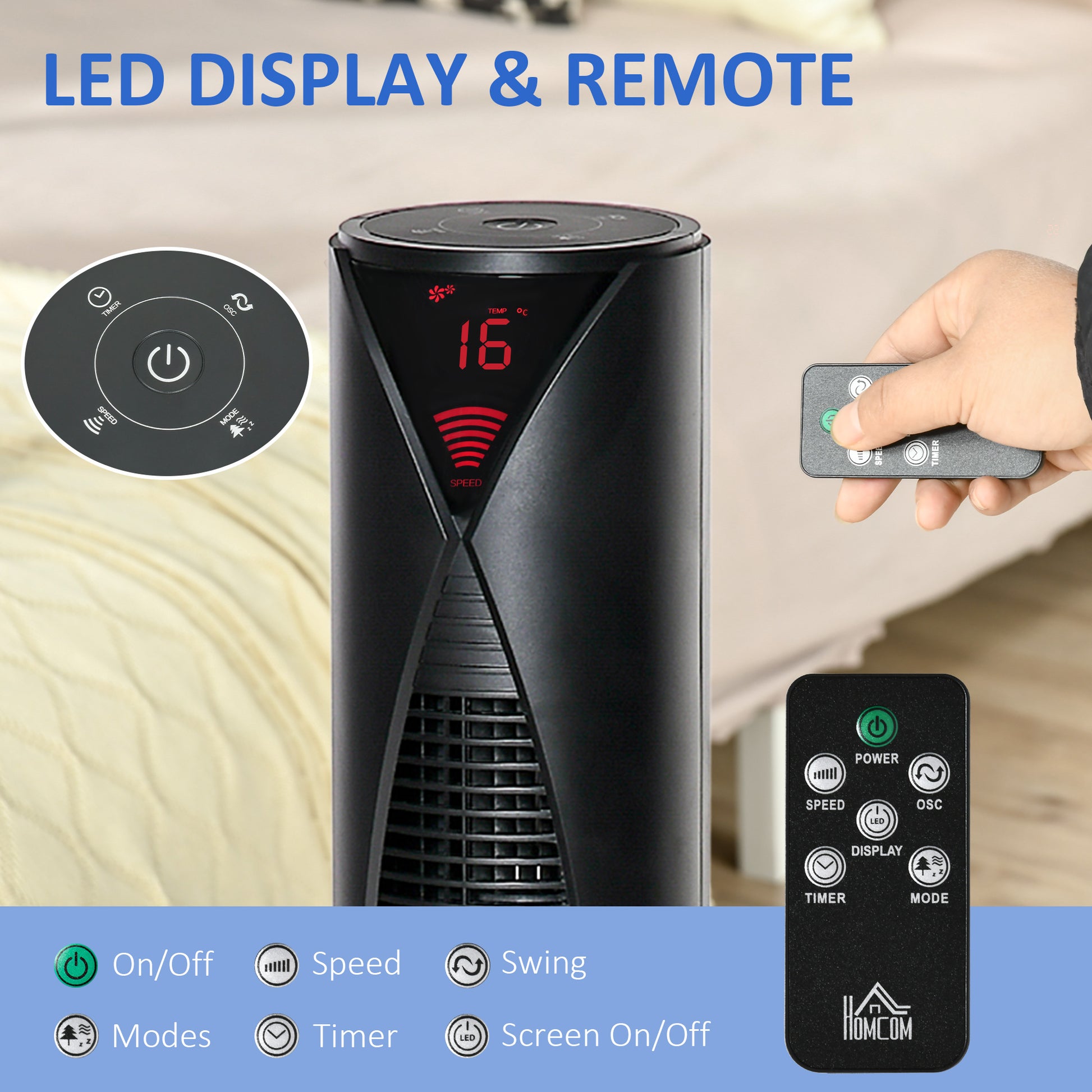Freestanding Tower Fan Cooling for Home Bedroom with 3 Speed, 12h Timer, Oscillating, LED Sensor Panel, Remote Controller, Black-Fans-DECOROLALA