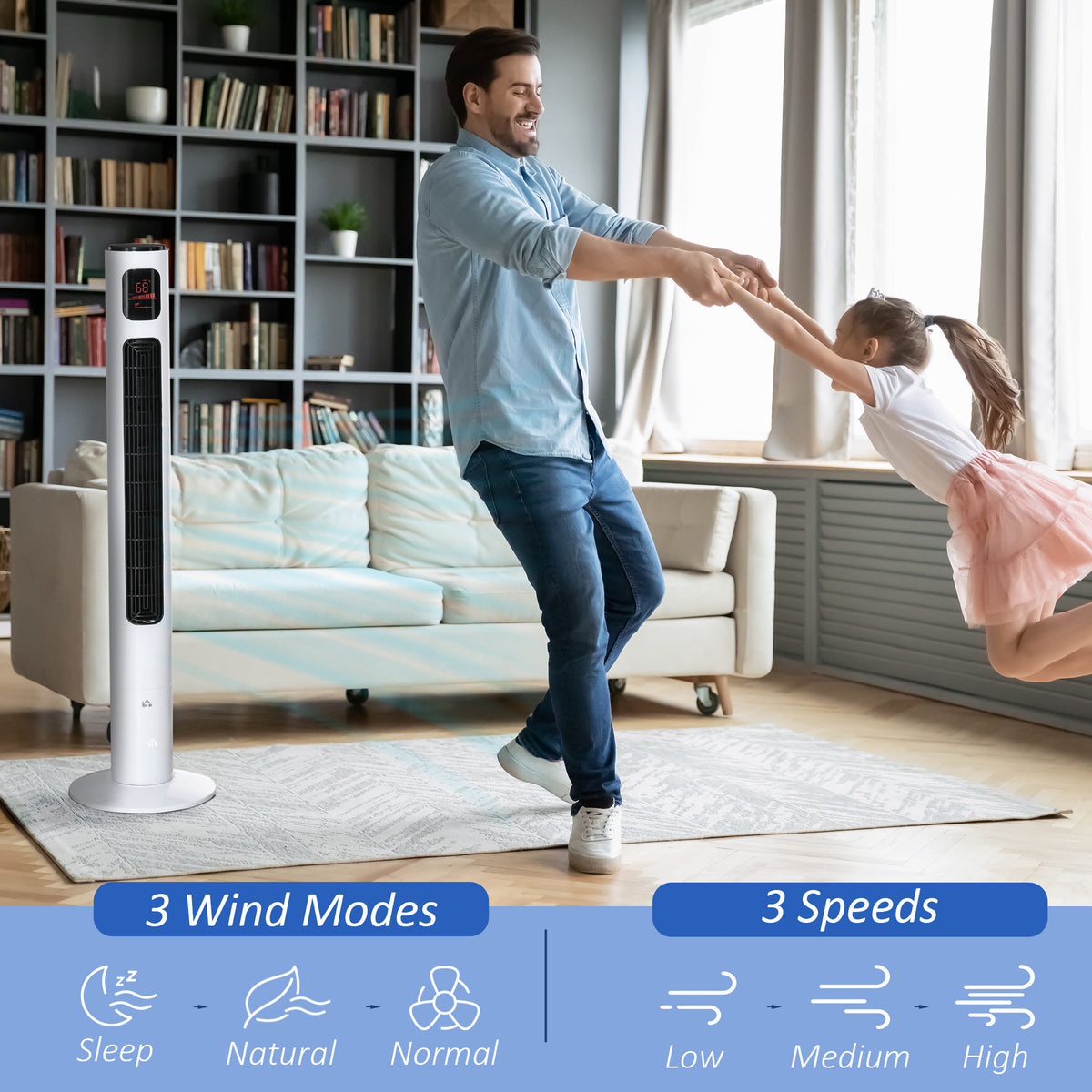 Freestanding Tower Fan Cooling for Home Bedroom with Oscillating, 3 Speed, 12h Timer, LED Sensor Panel, Remote Controller, White-Fans-DECOROLALA
