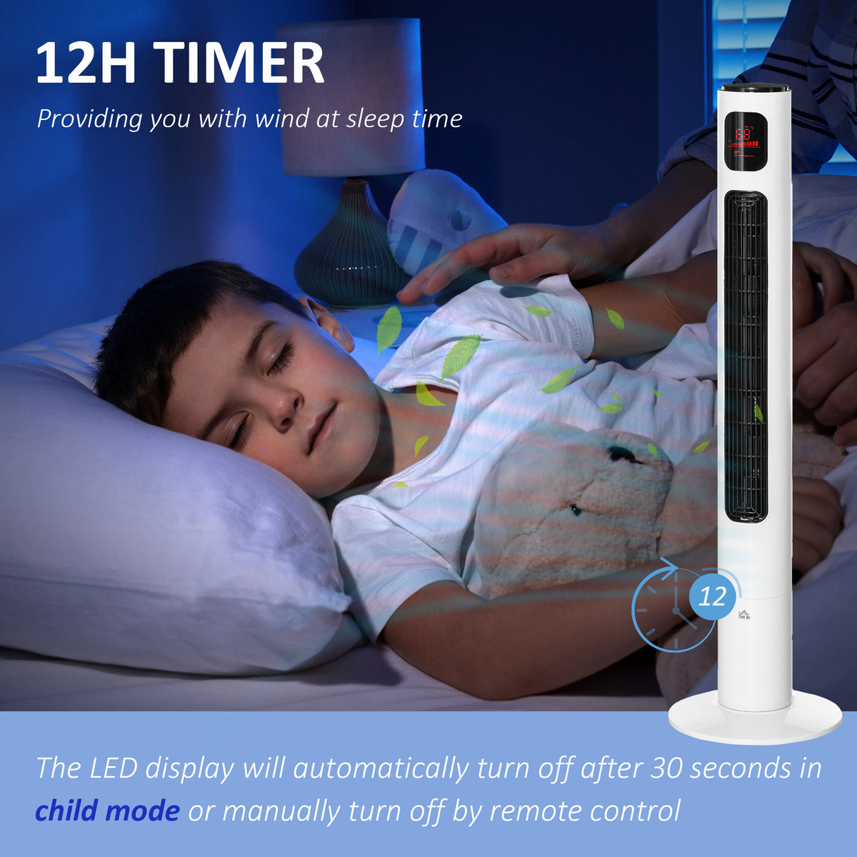 Freestanding Tower Fan Cooling for Home Bedroom with Oscillating, 3 Speed, 12h Timer, LED Sensor Panel, Remote Controller, White-Fans-DECOROLALA