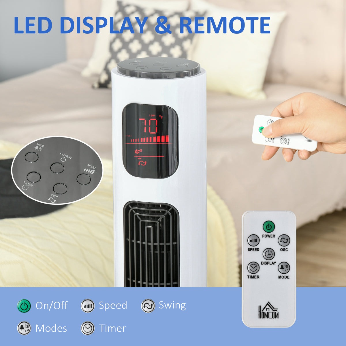 Freestanding Tower Fan Cooling for Home Bedroom with Oscillating, 3 Speed, 12h Timer, LED Sensor Panel, Remote Controller, White-Fans-DECOROLALA