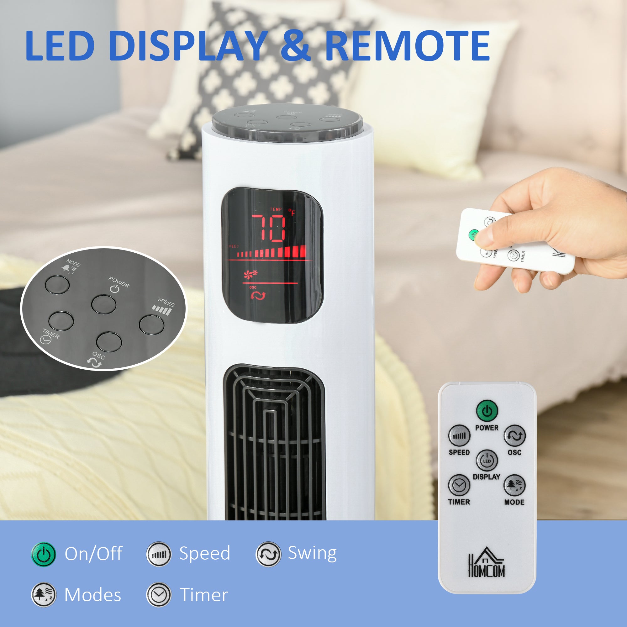 Freestanding Tower Fan Cooling for Home Bedroom with Oscillating, 3 Speed, 12h Timer, LED Sensor Panel, Remote Controller, White-Fans-DECOROLALA