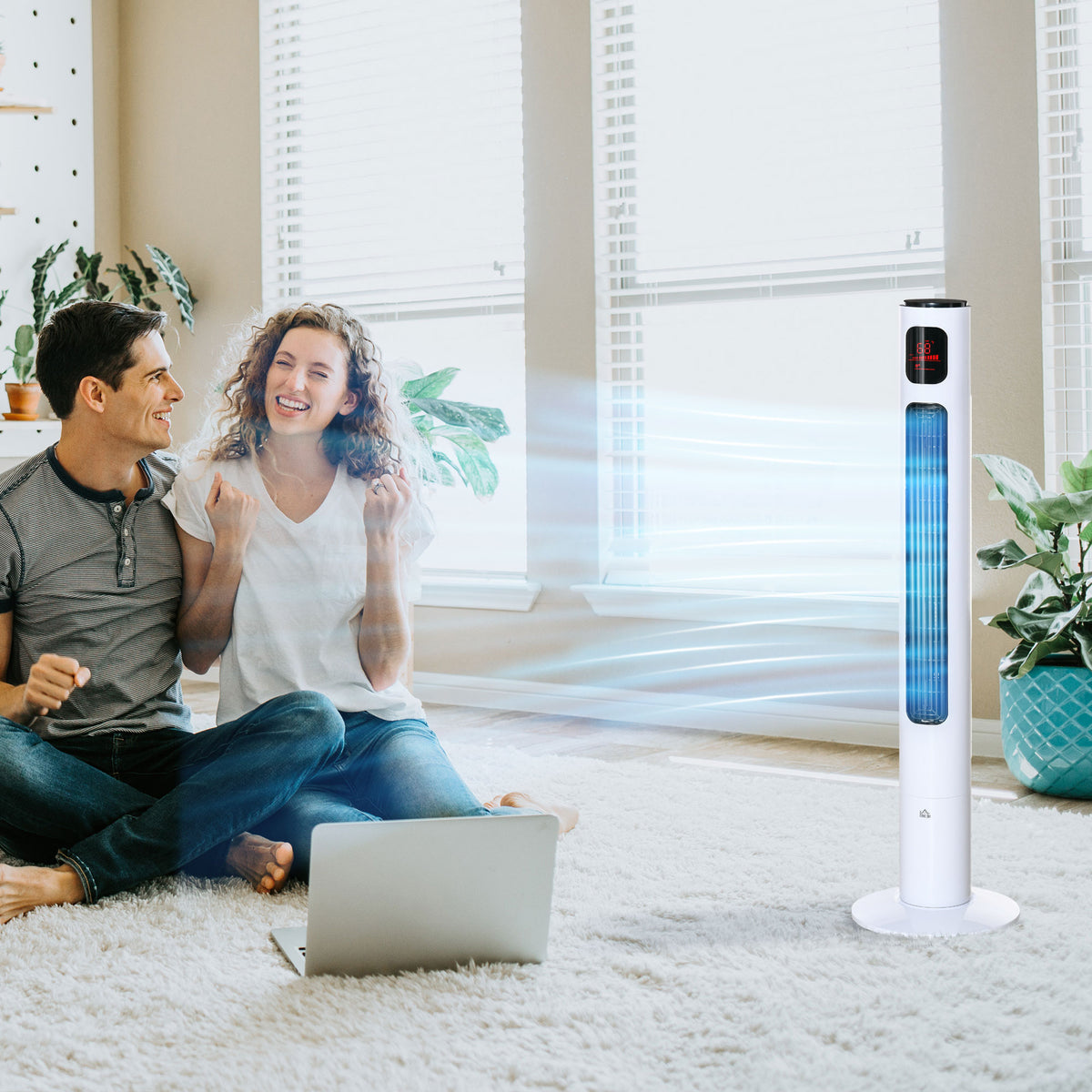 Freestanding Tower Fan Cooling for Home Bedroom with Oscillating, 3 Speed, 12h Timer, LED Sensor Panel, Remote Controller, White-Fans-DECOROLALA