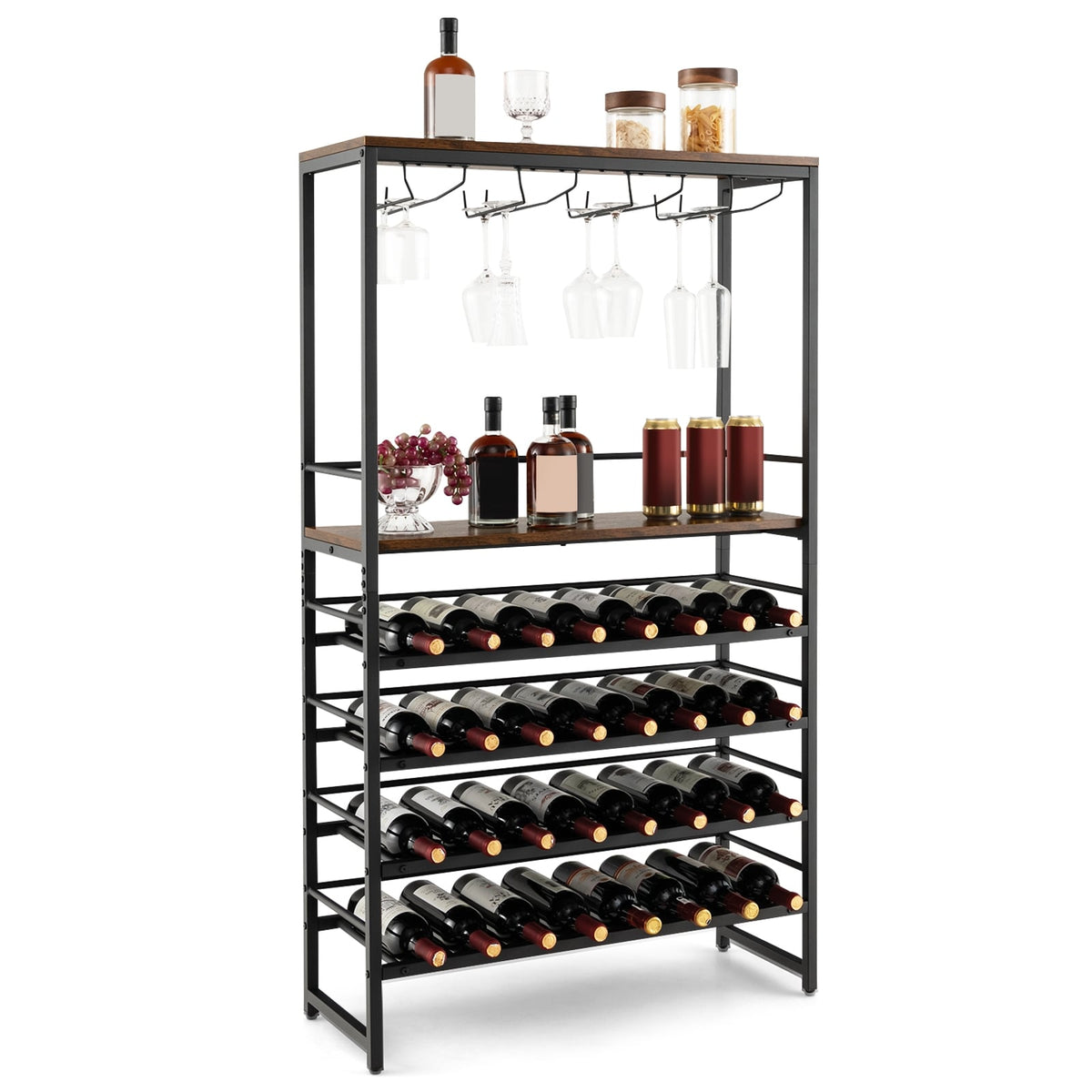 Freestanding Wine Bakers Rack with 4-Tier Wine Storage and 4 Rows of Stemware Racks-Wine Racks-DECOROLALA