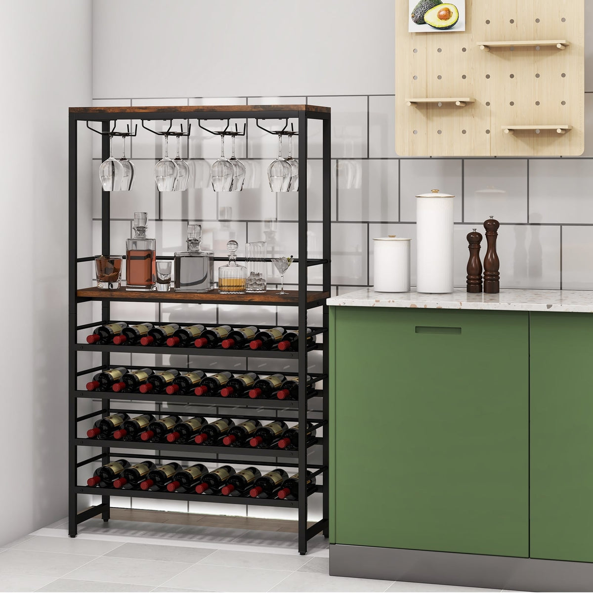 Freestanding Wine Bakers Rack with 4-Tier Wine Storage and 4 Rows of Stemware Racks-Wine Racks-DECOROLALA