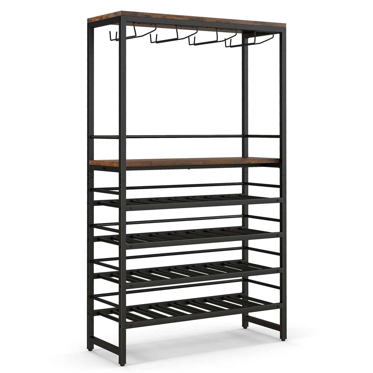 Freestanding Wine Bakers Rack with 4-Tier Wine Storage and 4 Rows of Stemware Racks-Wine Racks-DECOROLALA