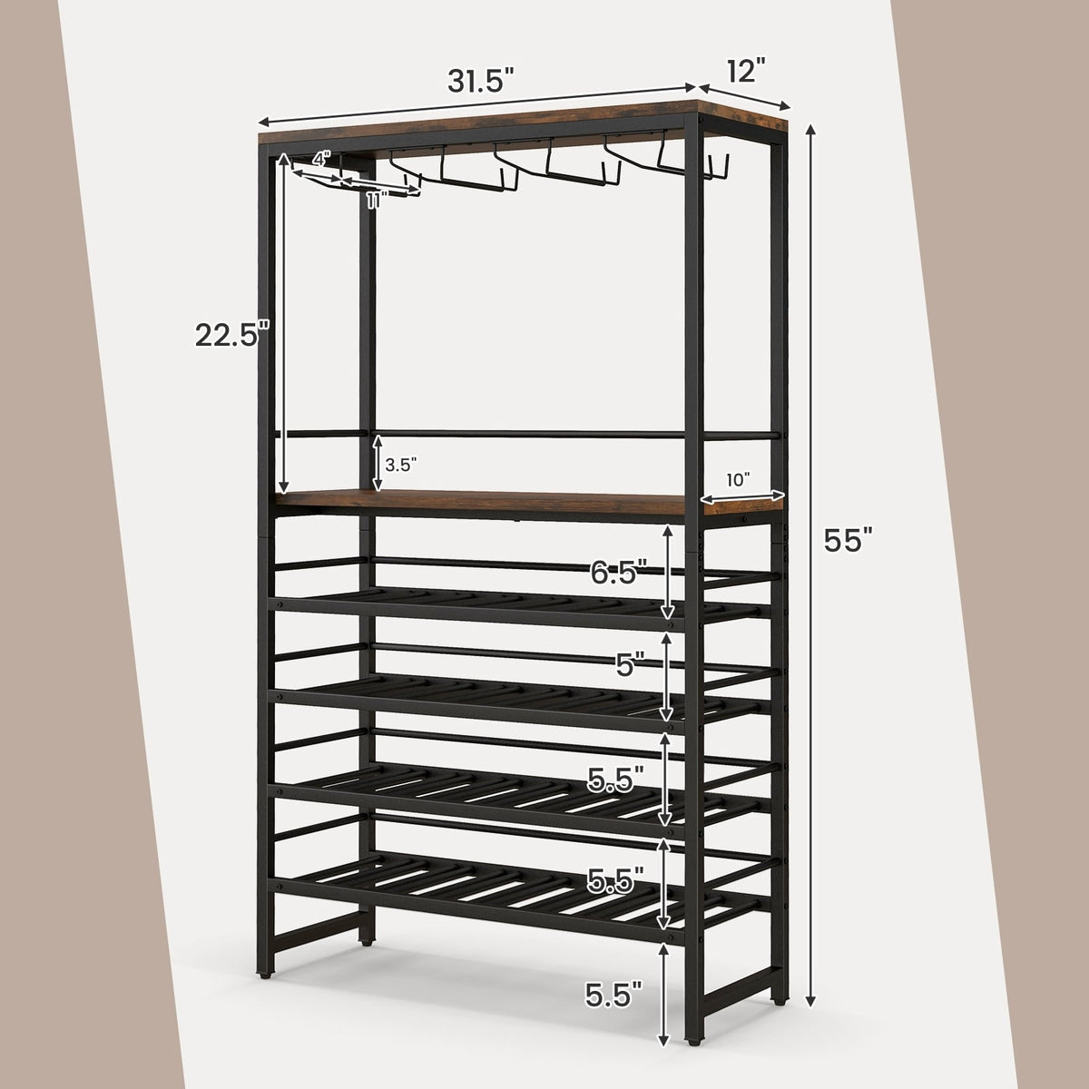 Freestanding Wine Bakers Rack with 4-Tier Wine Storage and 4 Rows of Stemware Racks-Wine Racks-DECOROLALA