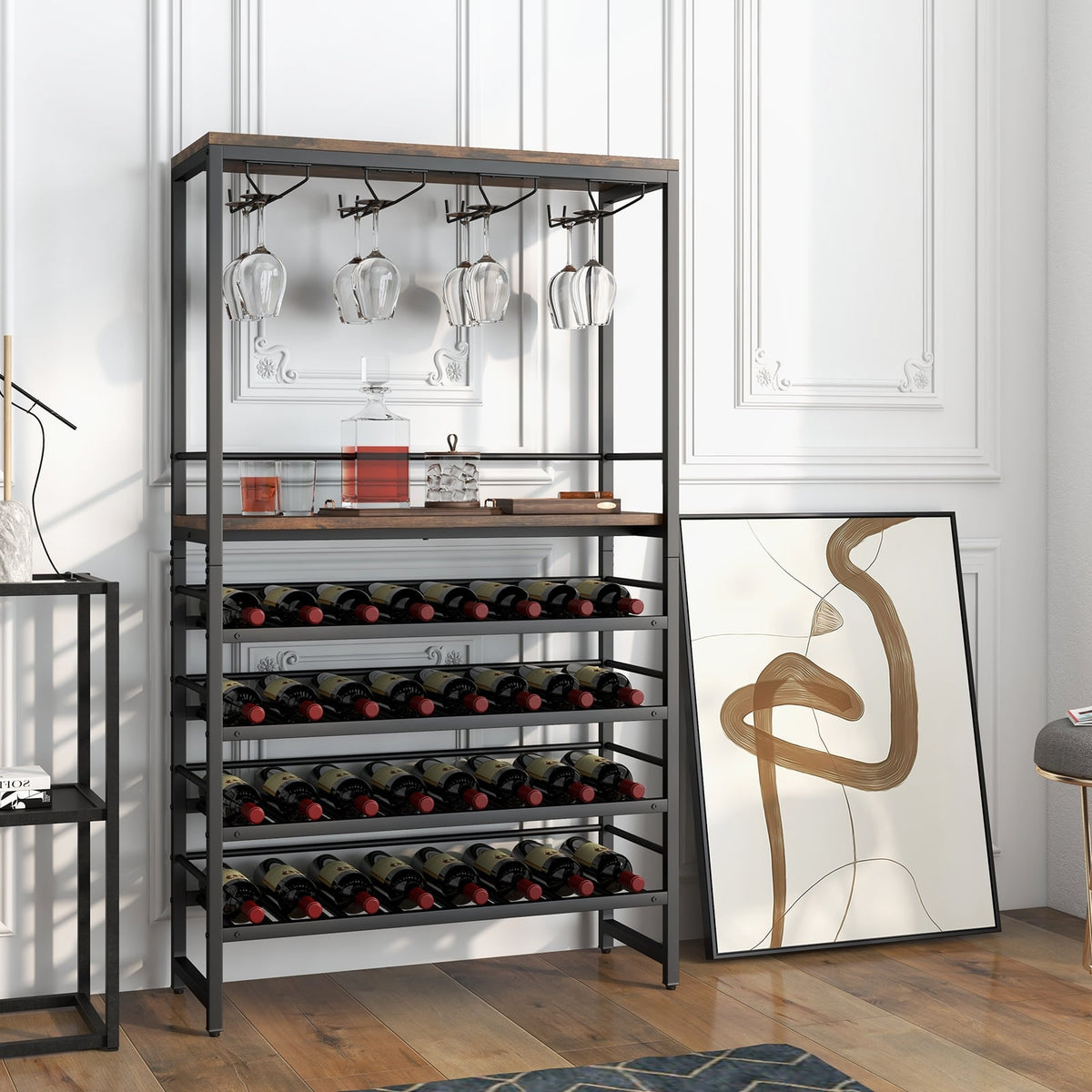 Freestanding Wine Bakers Rack with 4-Tier Wine Storage and 4 Rows of Stemware Racks-Wine Racks-DECOROLALA