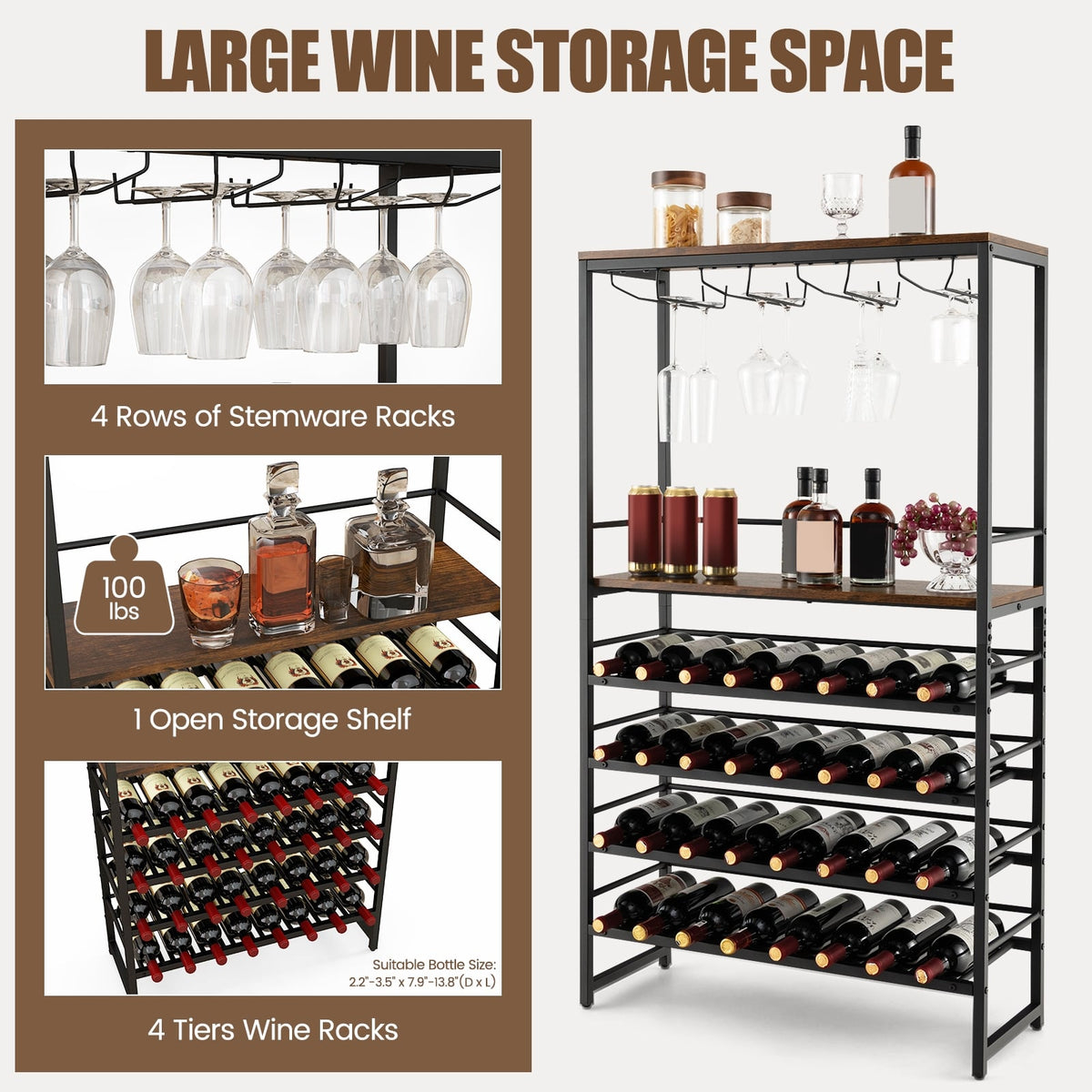 Freestanding Wine Bakers Rack with 4-Tier Wine Storage and 4 Rows of Stemware Racks-Wine Racks-DECOROLALA