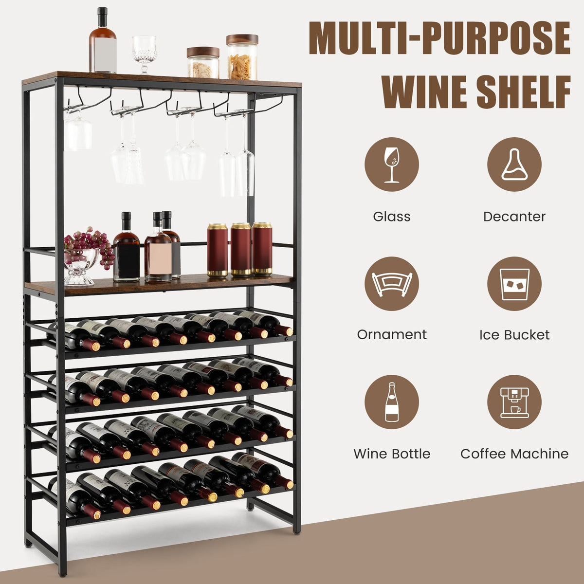 Freestanding Wine Bakers Rack with 4-Tier Wine Storage and 4 Rows of Stemware Racks-Wine Racks-DECOROLALA