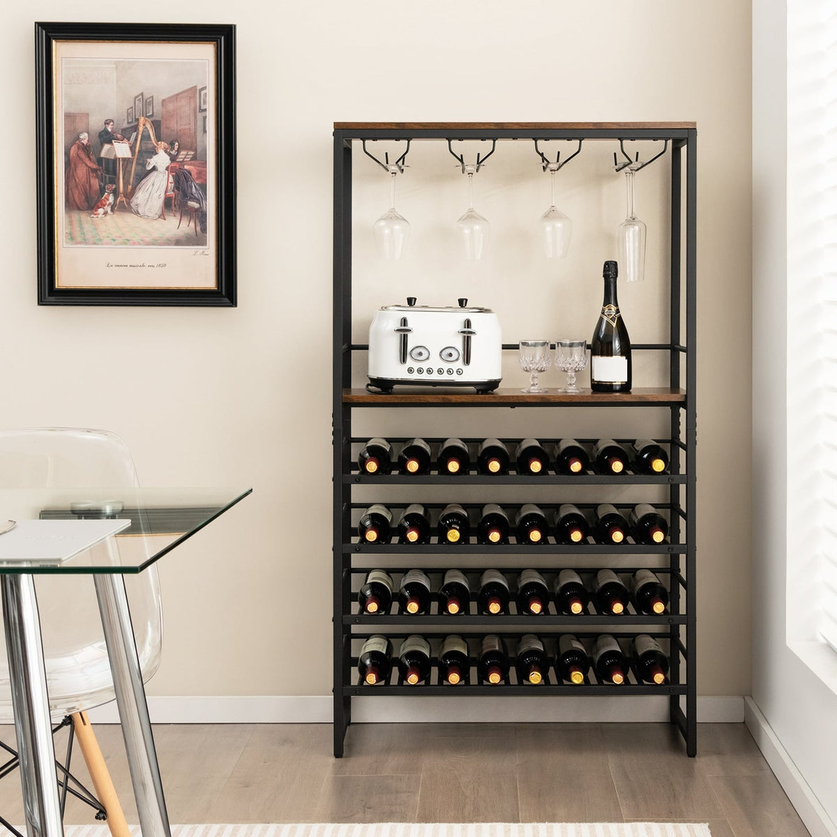 Freestanding Wine Bakers Rack with 4-Tier Wine Storage and 4 Rows of Stemware Racks-Wine Racks-DECOROLALA