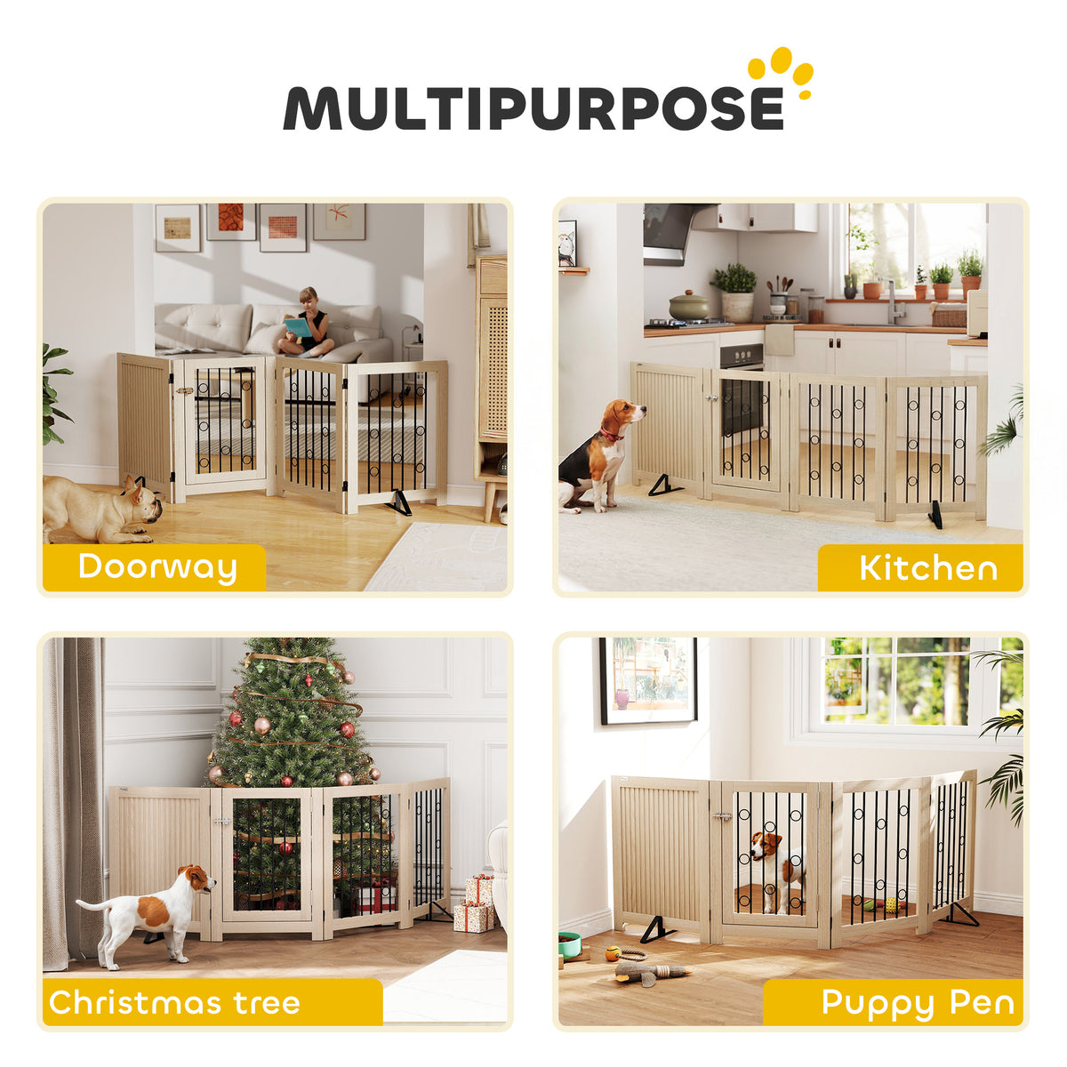 Freestanding Wooden Dog Gate - 4-Panel Foldable Pet Gate with Door-Dogs-DECOROLALA