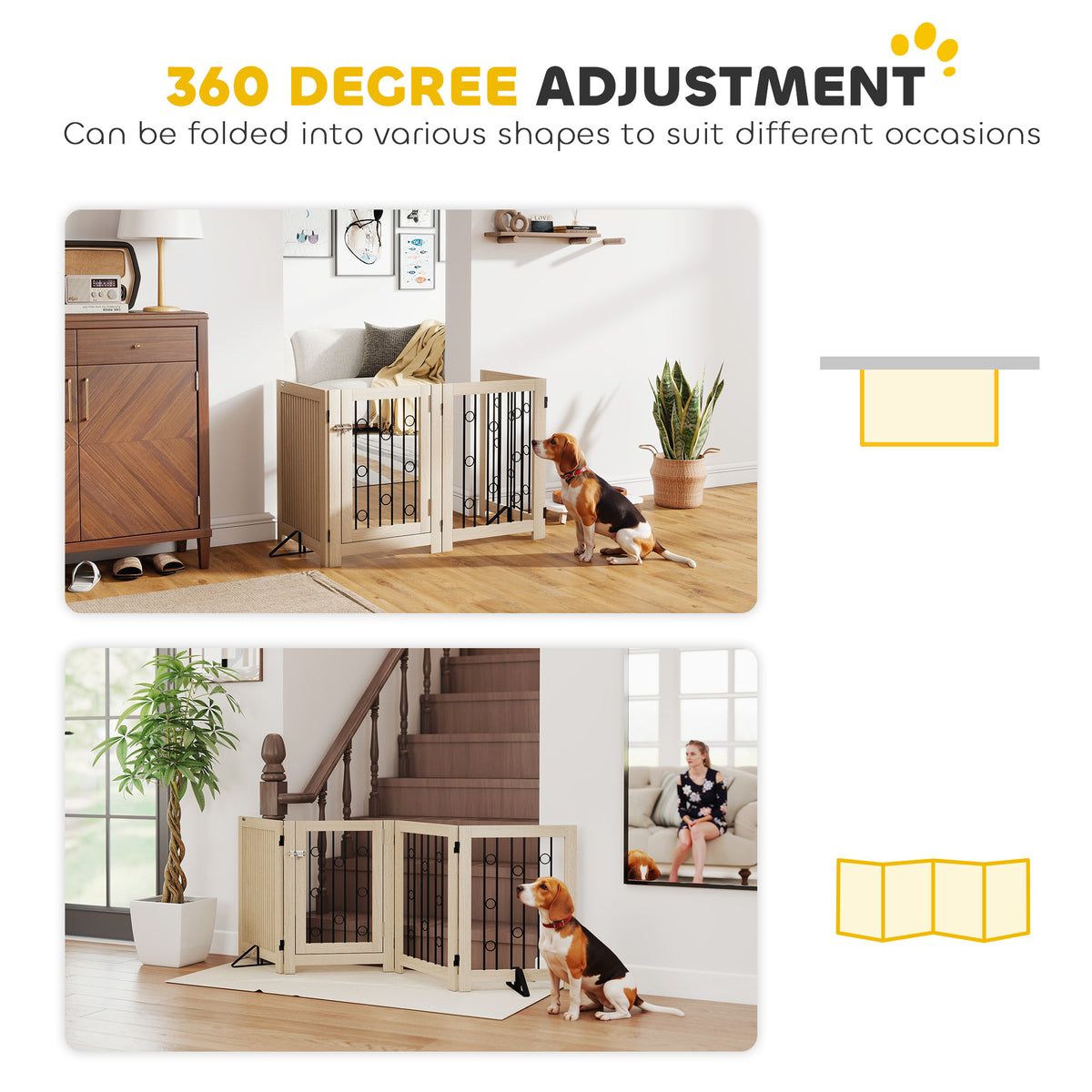 Freestanding Wooden Dog Gate - 4-Panel Foldable Pet Gate with Door-Dogs-DECOROLALA