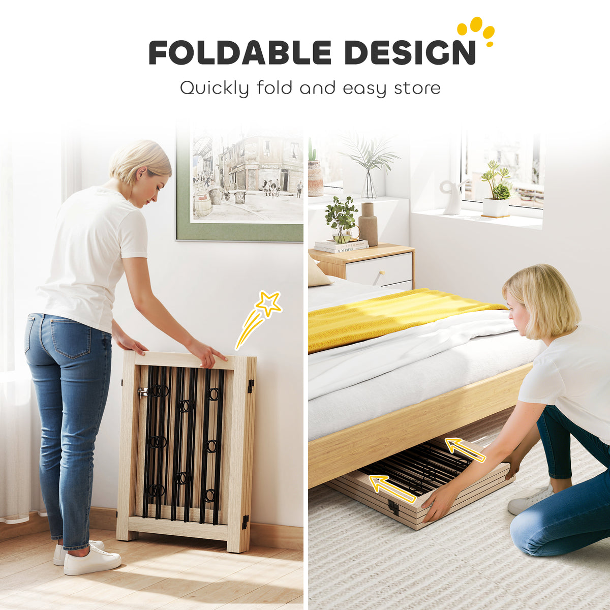 Freestanding Wooden Dog Gate - 4-Panel Foldable Pet Gate with Door-Dogs-DECOROLALA