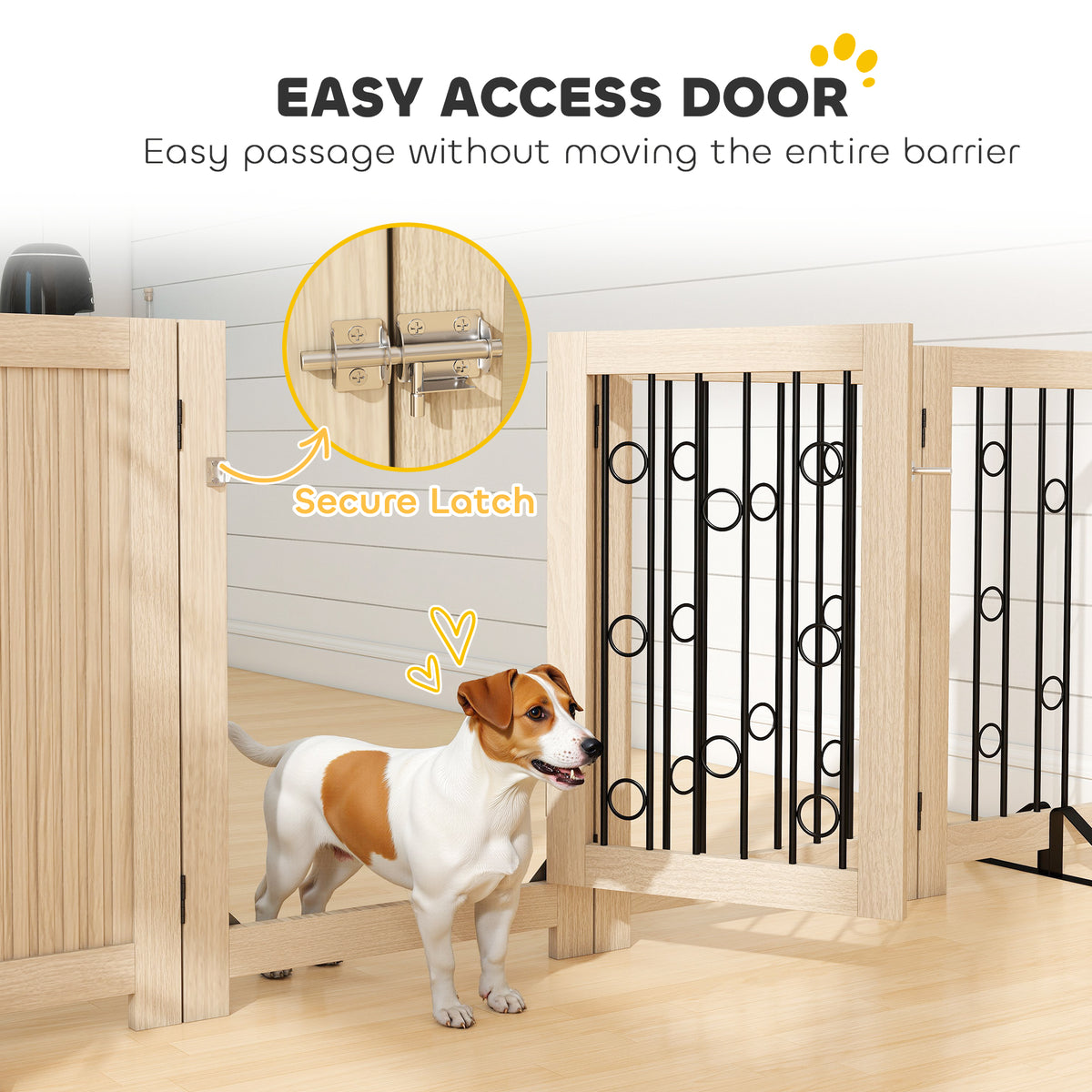 Freestanding Wooden Dog Gate - 4-Panel Foldable Pet Gate with Door-Dogs-DECOROLALA