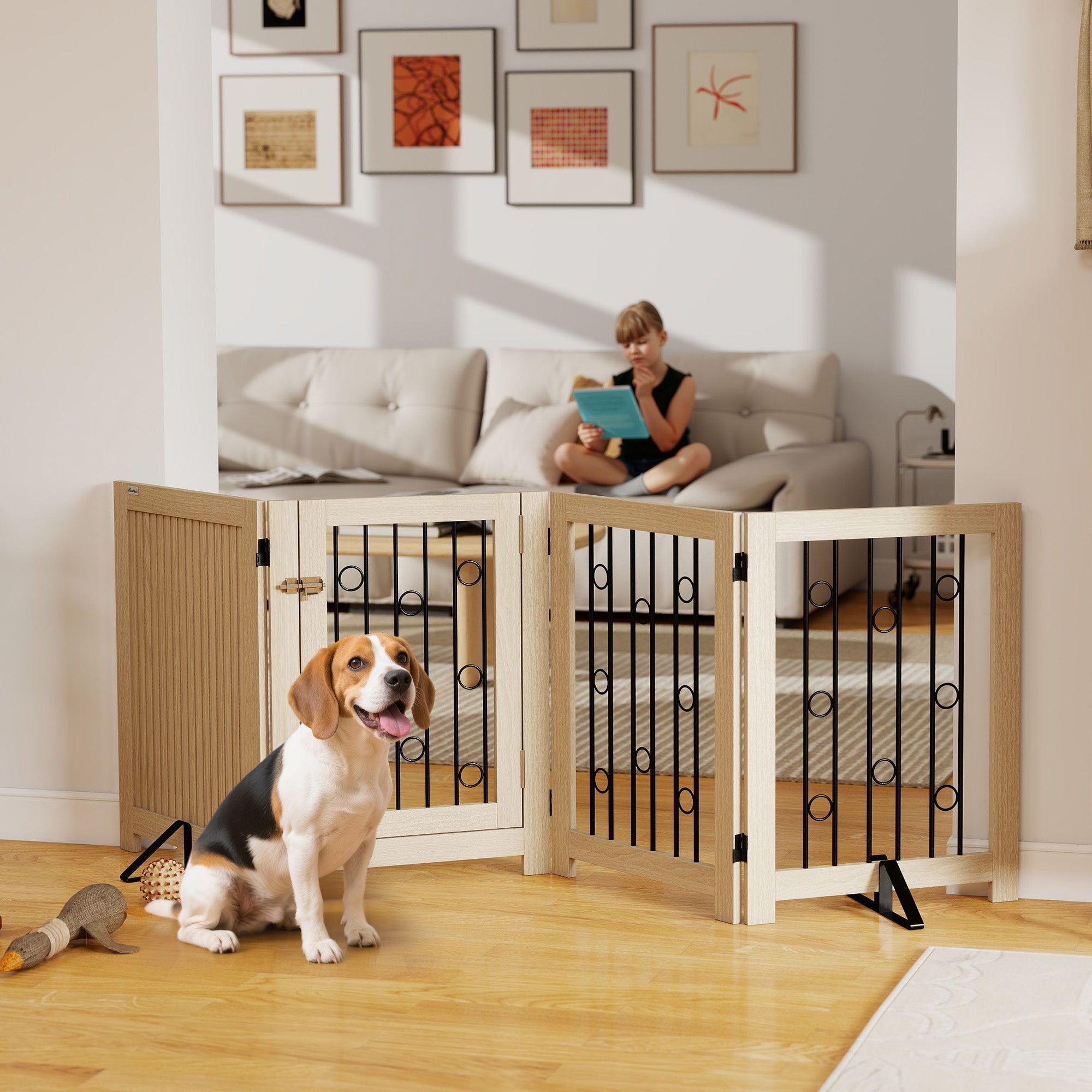 Freestanding Wooden Dog Gate - 4-Panel Foldable Pet Gate with Door-Dogs-DECOROLALA
