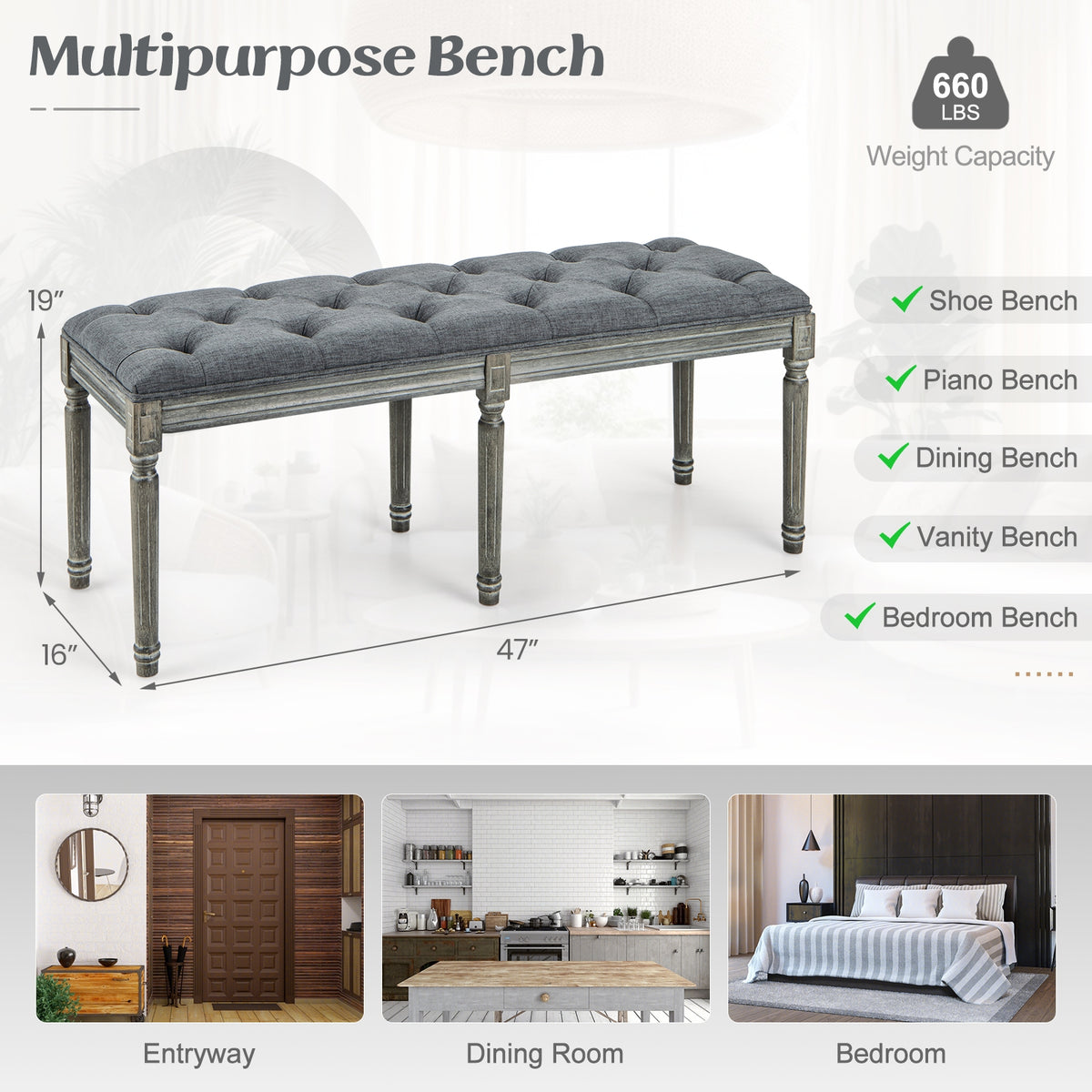 French Vintage Entryway Bench 47 Inch Upholstered Dining Bench-Gray-Ottomans-DECOROLALA