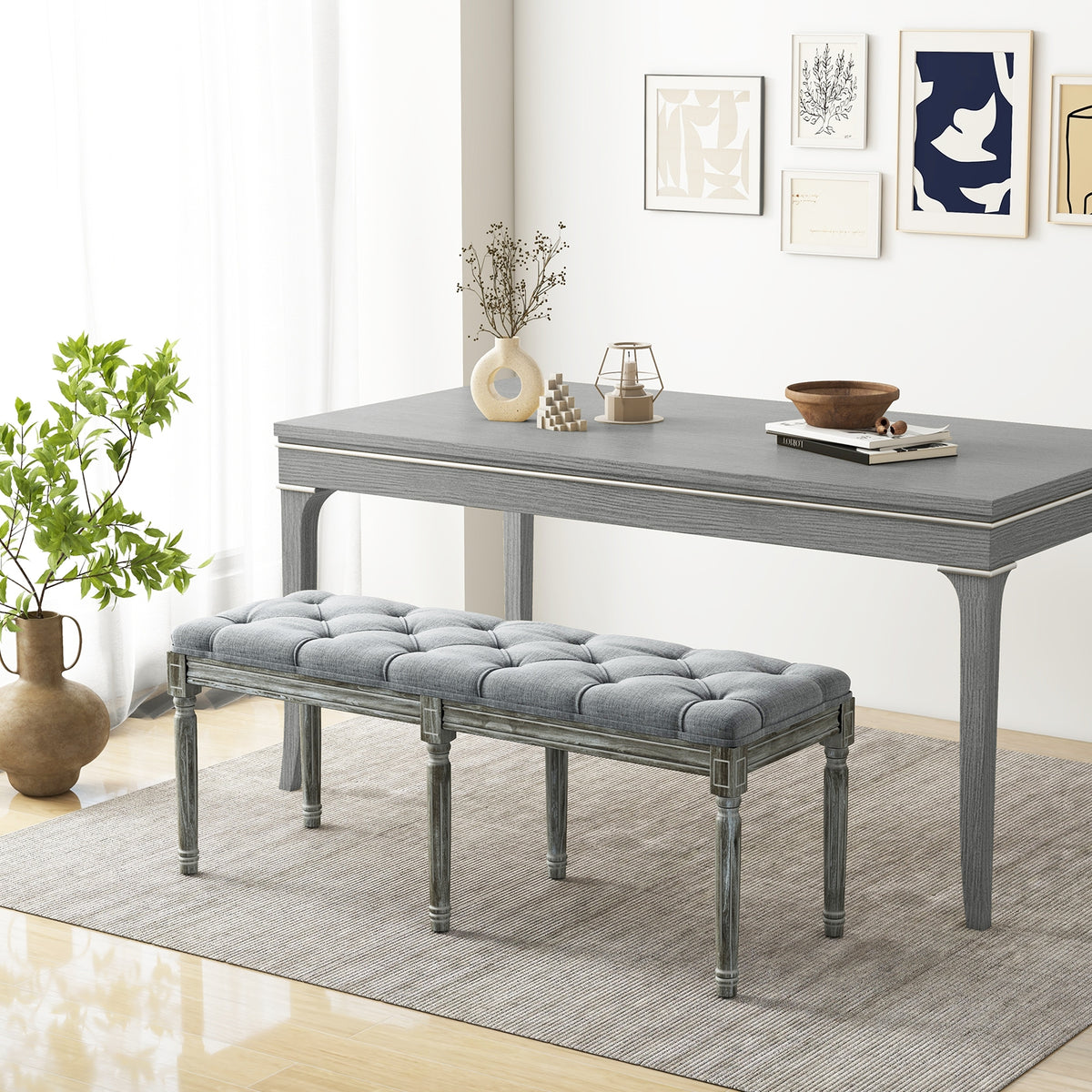 French Vintage Entryway Bench 47 Inch Upholstered Dining Bench-Gray-Ottomans-DECOROLALA