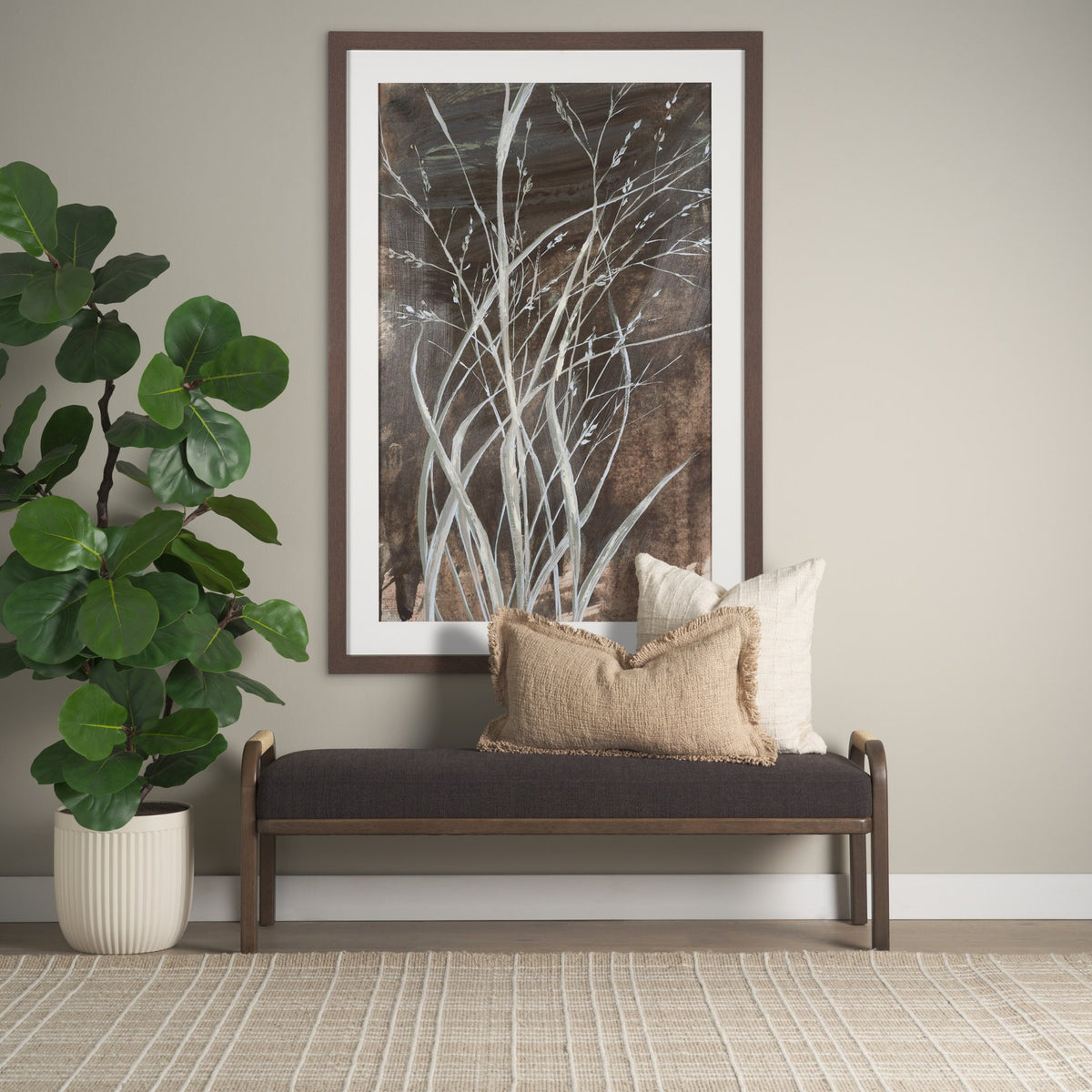 Freya Upholstered Bench - Oatmeal Fabric Brown Wood-Benches-DECOROLALA