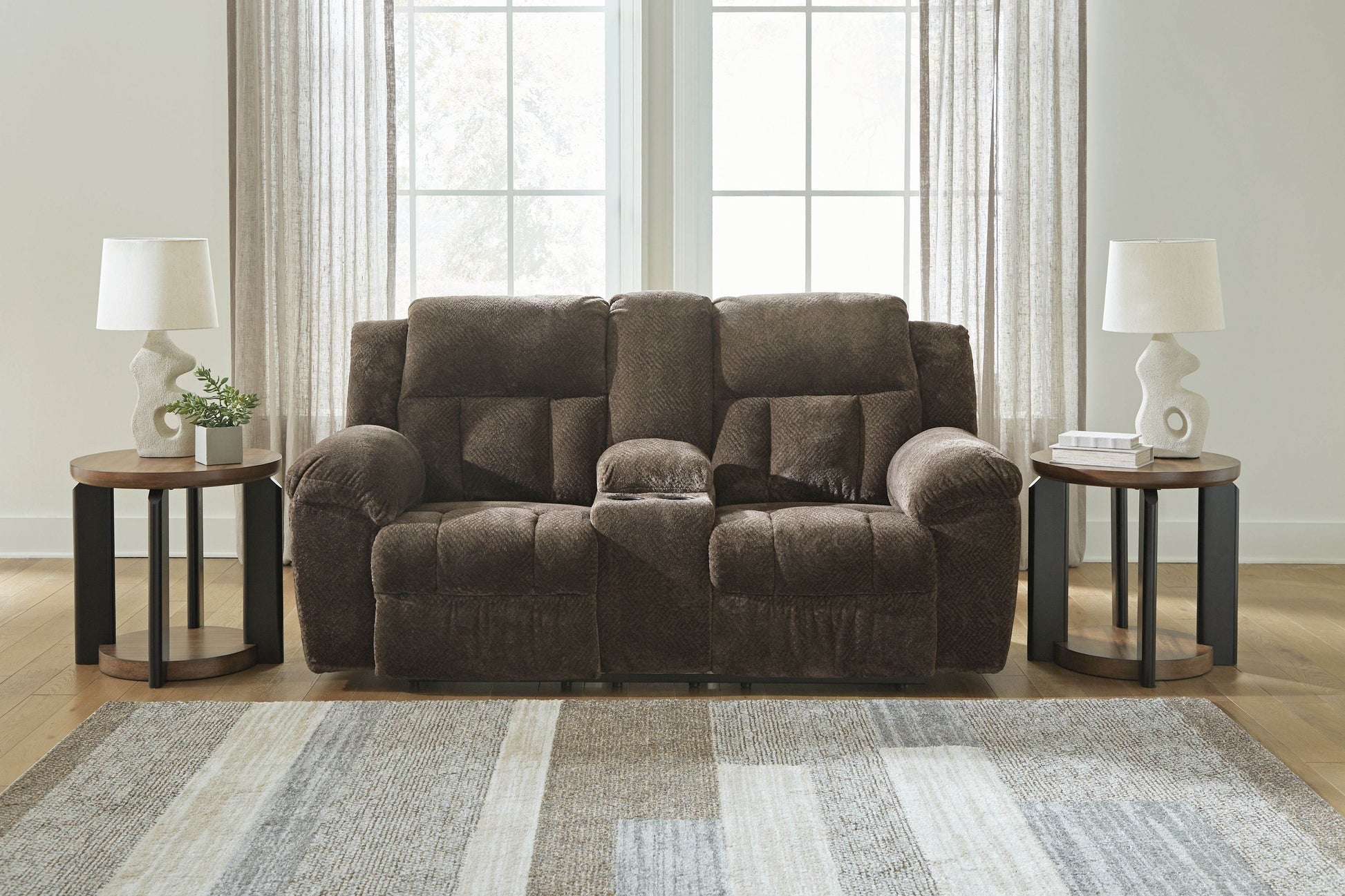 Frohn Reclining Loveseat Console - Chocolate-Reclining Loveseats-DECOROLALA