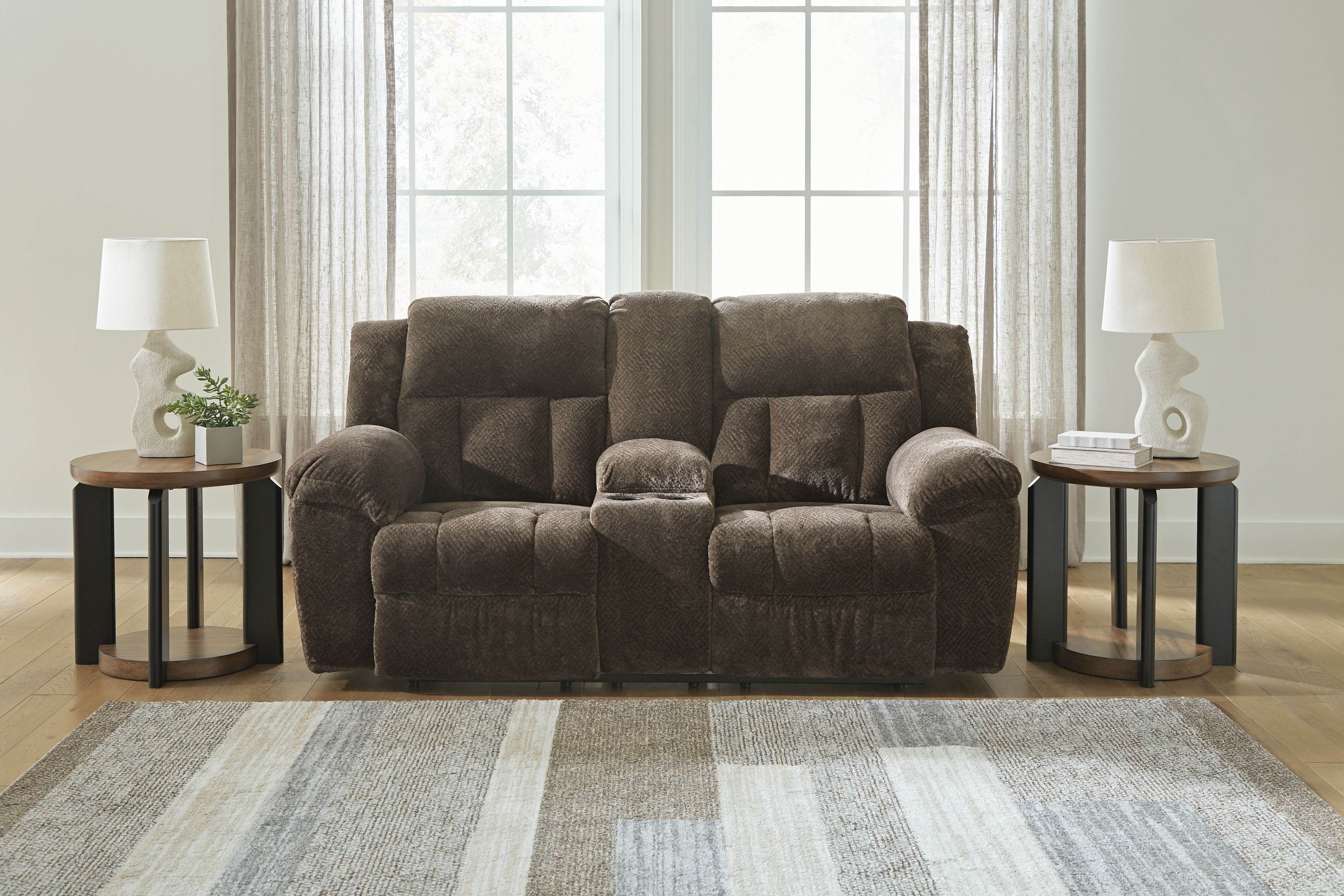 Frohn Reclining Loveseat Console - Chocolate-Reclining Loveseats-DECOROLALA