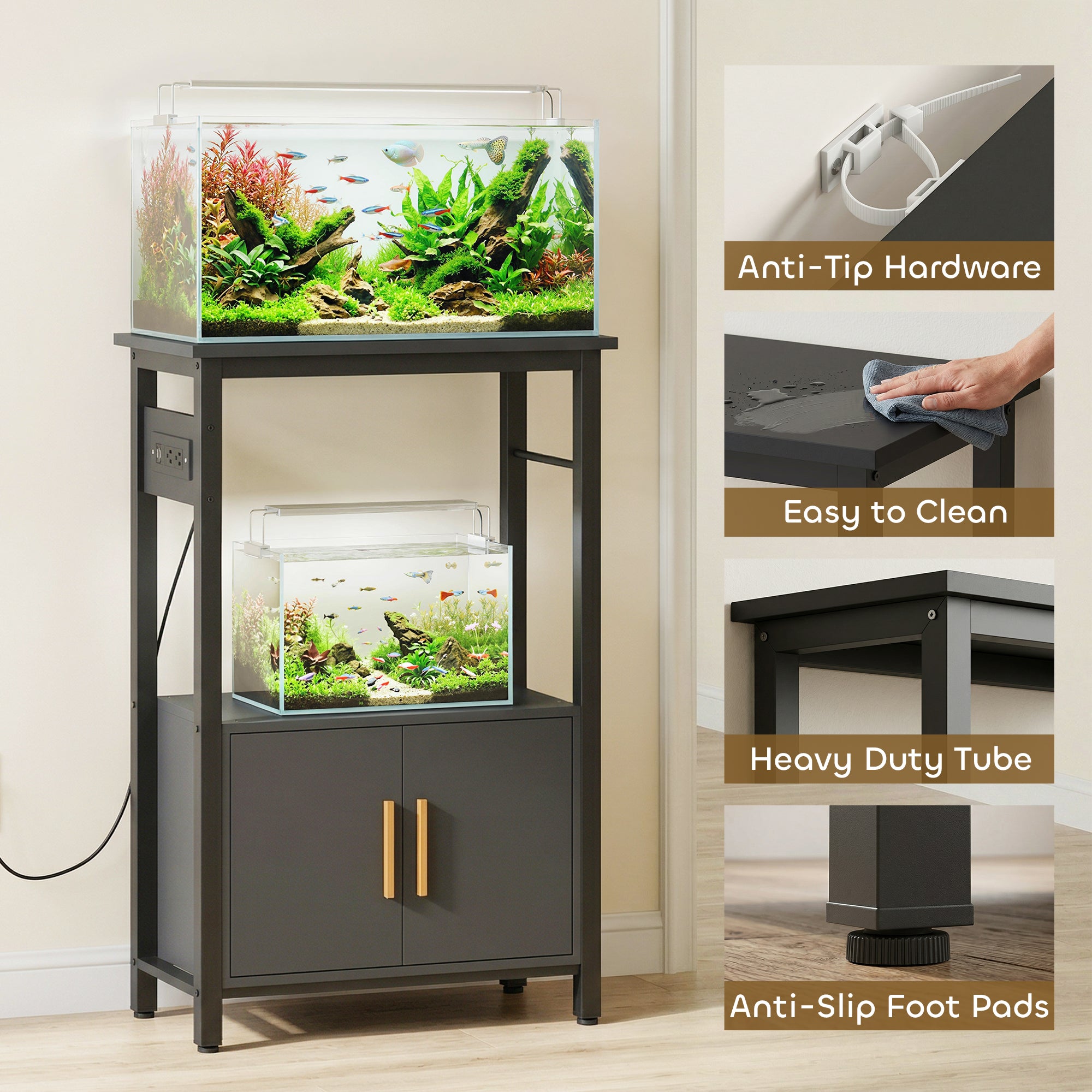 5-10 Gallon Fish Tank Stand Aquarium Stand with Power Outlets, Cabinet, Shelf, 550 lbs Capacity, 20.5" x 11" x 31.5"