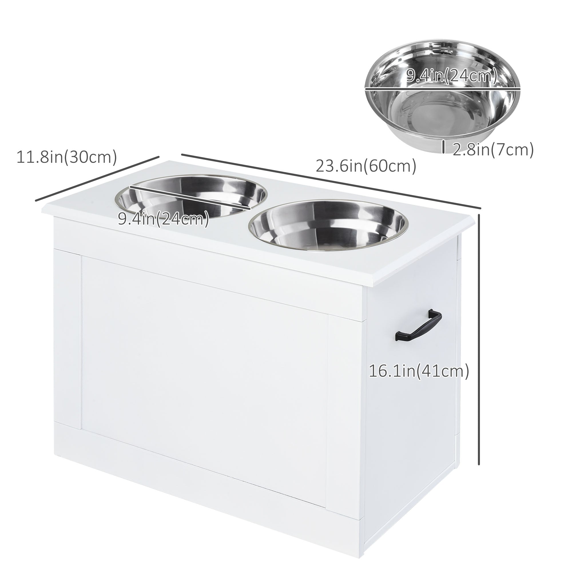 Mangeoire surélevée pour grands animaux avec rangement, fonction de coin repas pour chien, 2 gamelles en acier inoxydable, base surélevée pour grands chiens et autres grands animaux, blanche