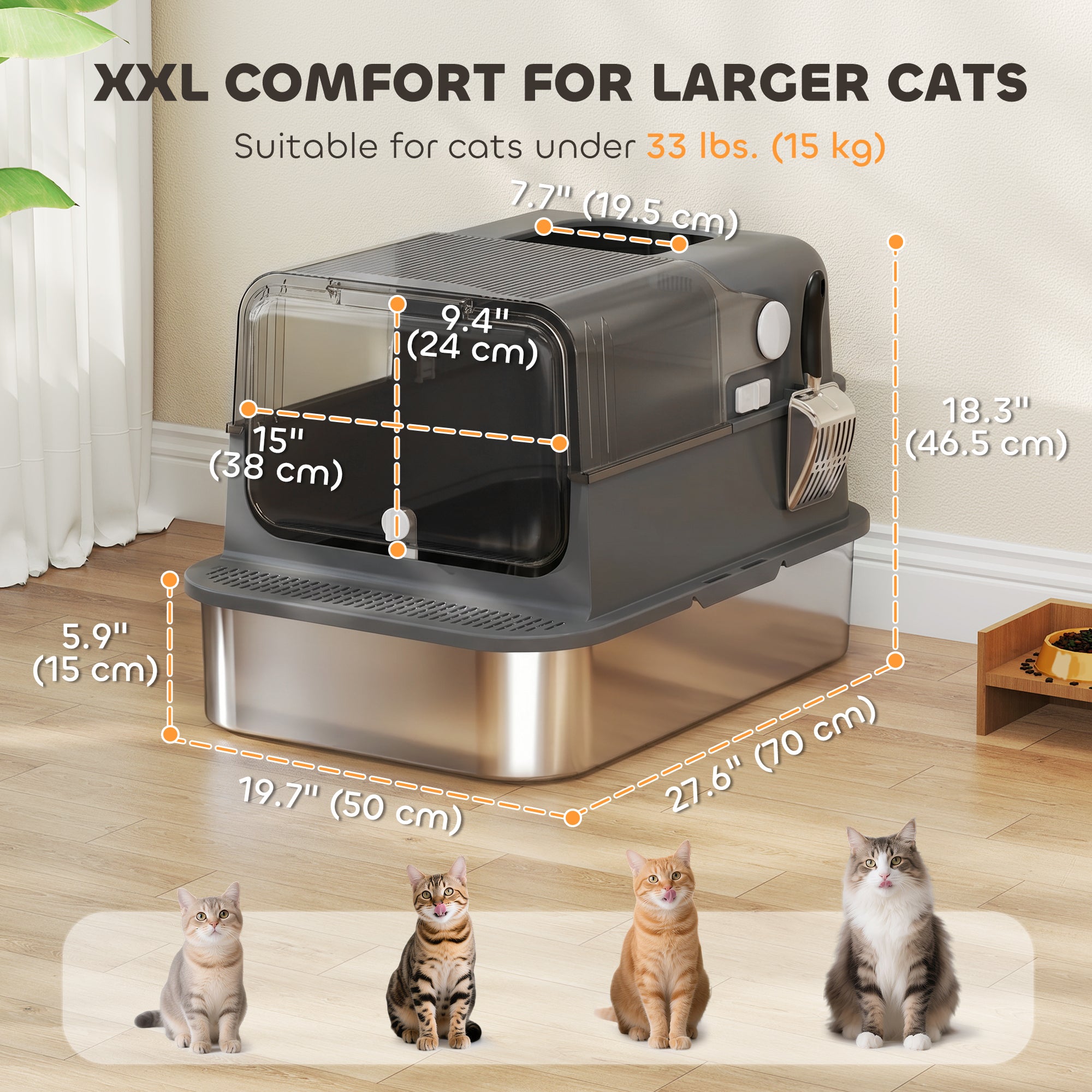 Bac à litière pour chat en acier inoxydable XXL, caisse à litière fermée pour grands chats avec bords hauts, pelle, nettoyage facile, noire