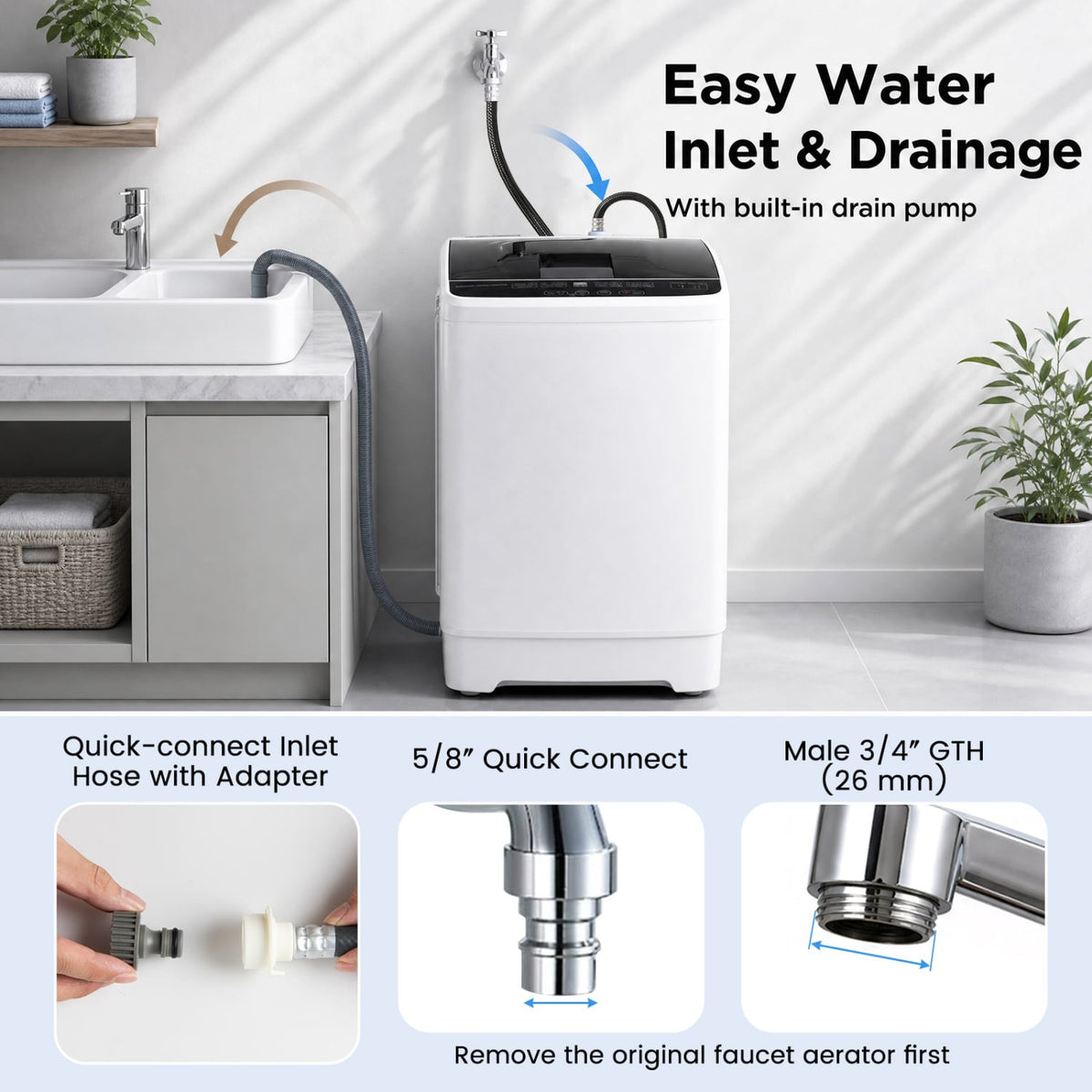 Full Automatic Washing Machine with 8 Preset Programs 6 Water Levels and Built-in Drain Pump-White-Washing Machines-DECOROLALA