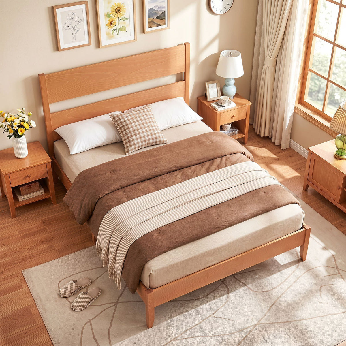 Full Bed Frame with Headboad and Solid Wood Legs 12 Slats-Beds & Bed Frames-DECOROLALA