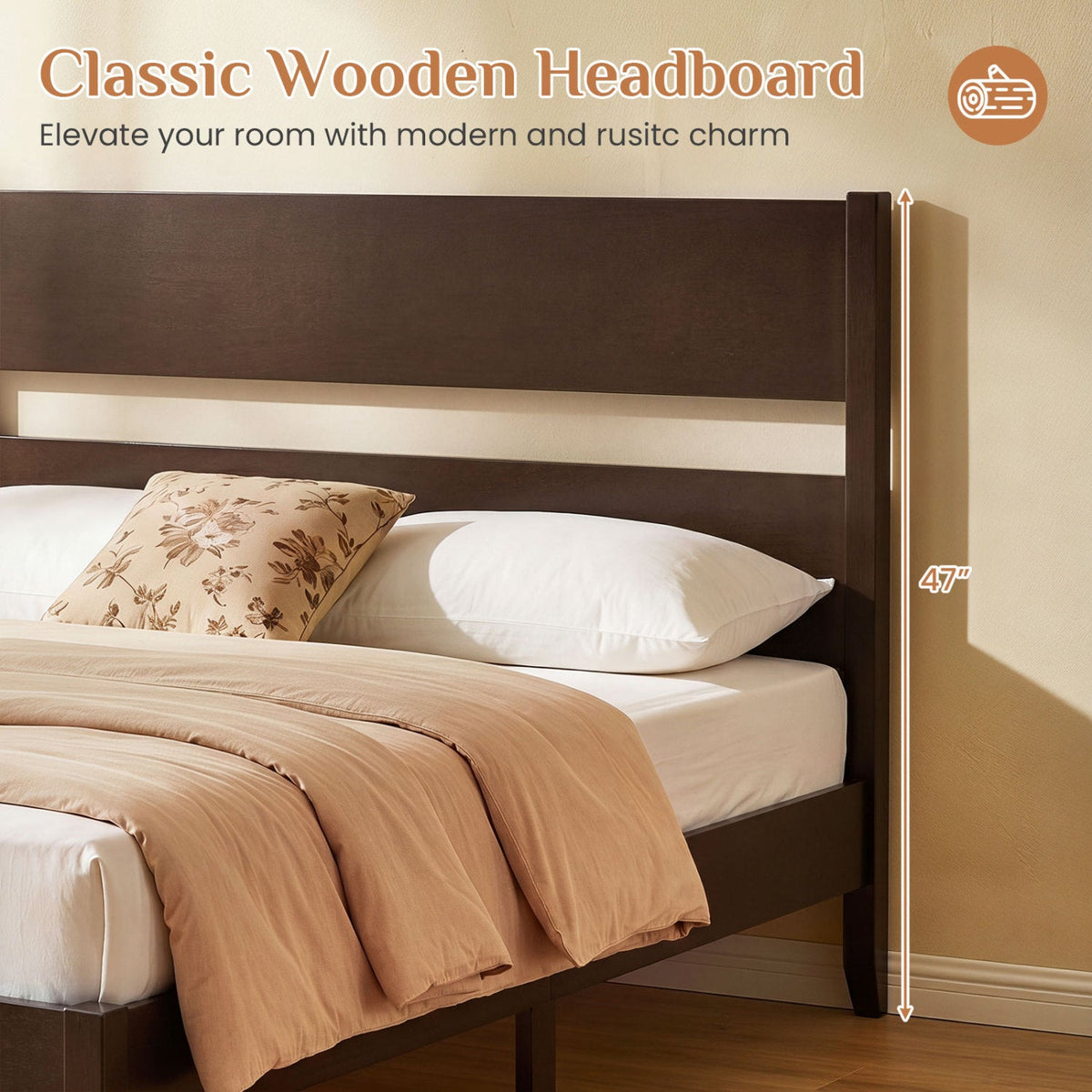 Full Bed Frame with Headboad and Solid Wood Legs 12 Slats-Beds & Bed Frames-DECOROLALA