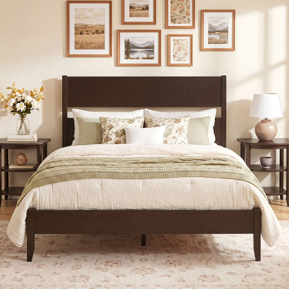 Full Bed Frame with Headboad and Solid Wood Legs 12 Slats-Beds & Bed Frames-DECOROLALA