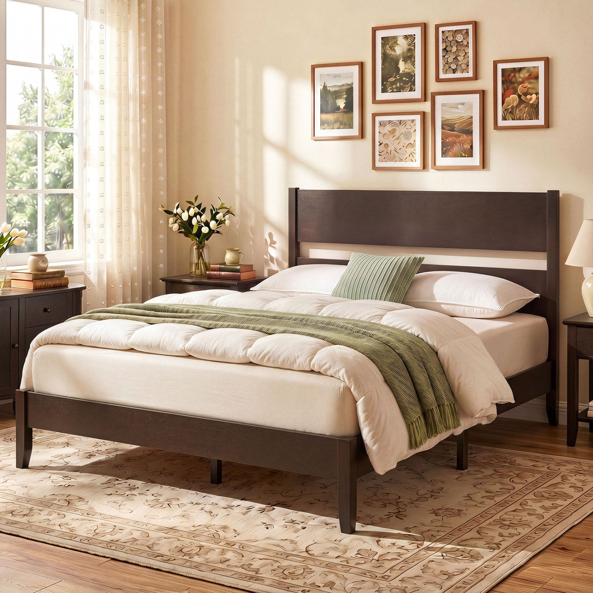 Full Bed Frame with Headboad and Solid Wood Legs 12 Slats-Beds & Bed Frames-DECOROLALA