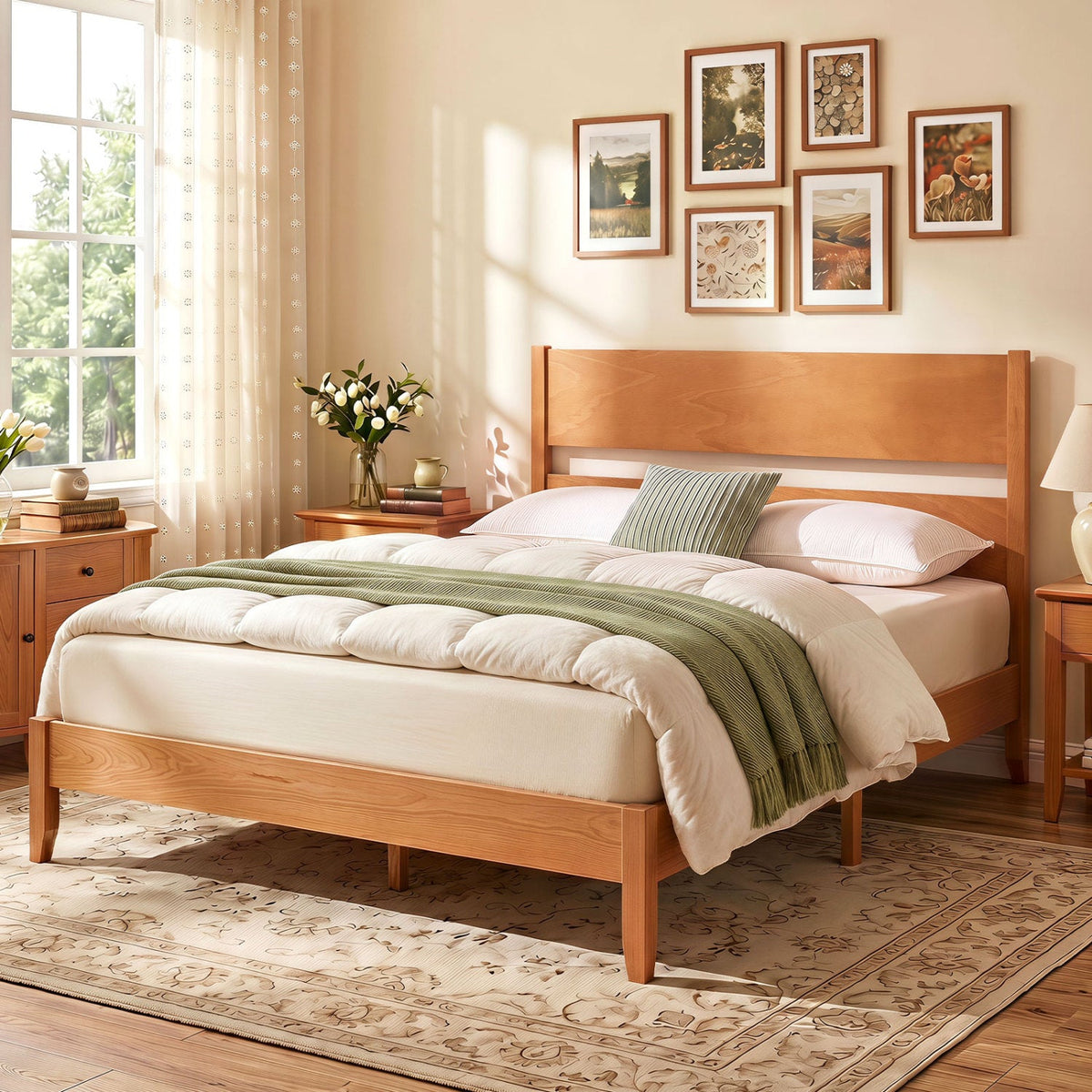 Full Bed Frame with Headboad and Solid Wood Legs 12 Slats-Beds & Bed Frames-DECOROLALA